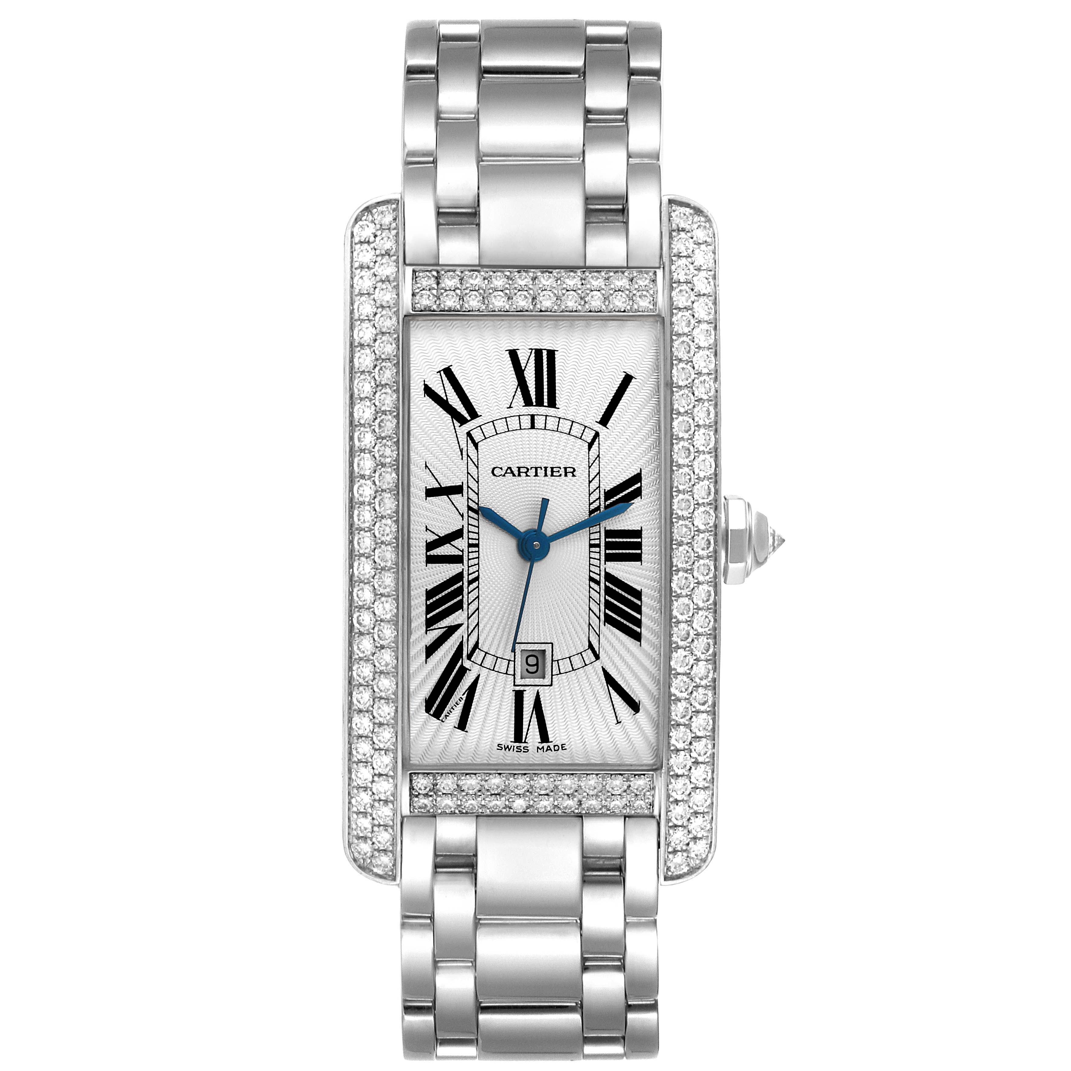 This is a front-angle view of the Cartier Tank Americaine WB7045L1 Men's White Gold Silver Dial WB7045L1 Men's White Gold Silver Dial watch, showing the entire face, bezel, and bracelet.