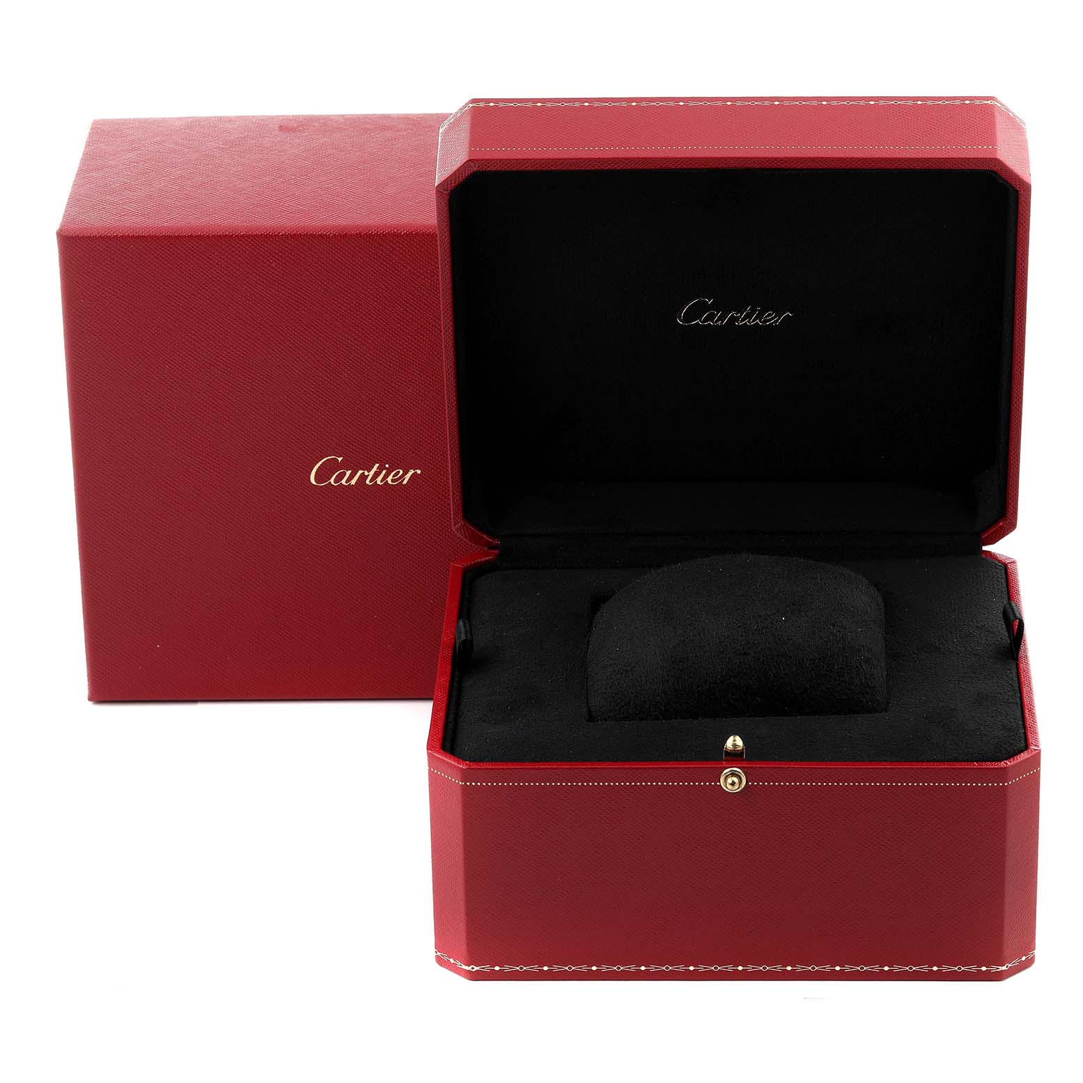 The image shows an open Cartier Tank Americaine WB7045L1 Men's White Gold Silver Dial WB7045L1 Men's White Gold Silver Dial watch box with its outer packaging.