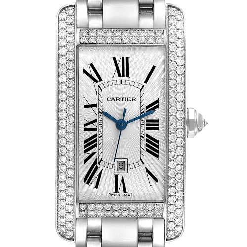 The image shows a frontal view of the Cartier Tank Americaine watch, displaying the dial, bezel, and part of the bracelet.