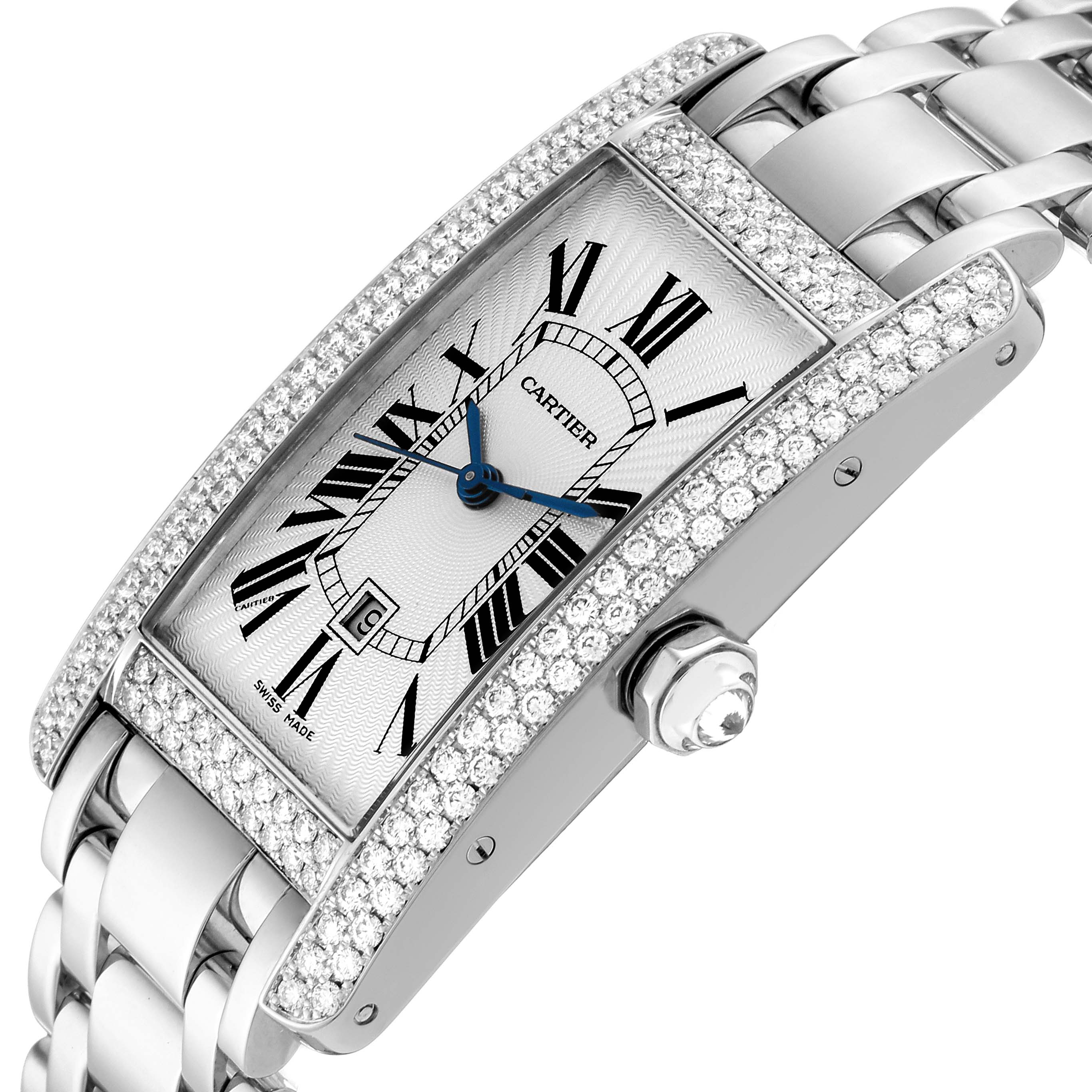 The image shows a Cartier Tank Americaine WB7045L1 Men's White Gold Silver Dial WB7045L1 Men's White Gold Silver Dial watch from a side-angle, highlighting its diamond-encrusted bezel and metal bracelet.