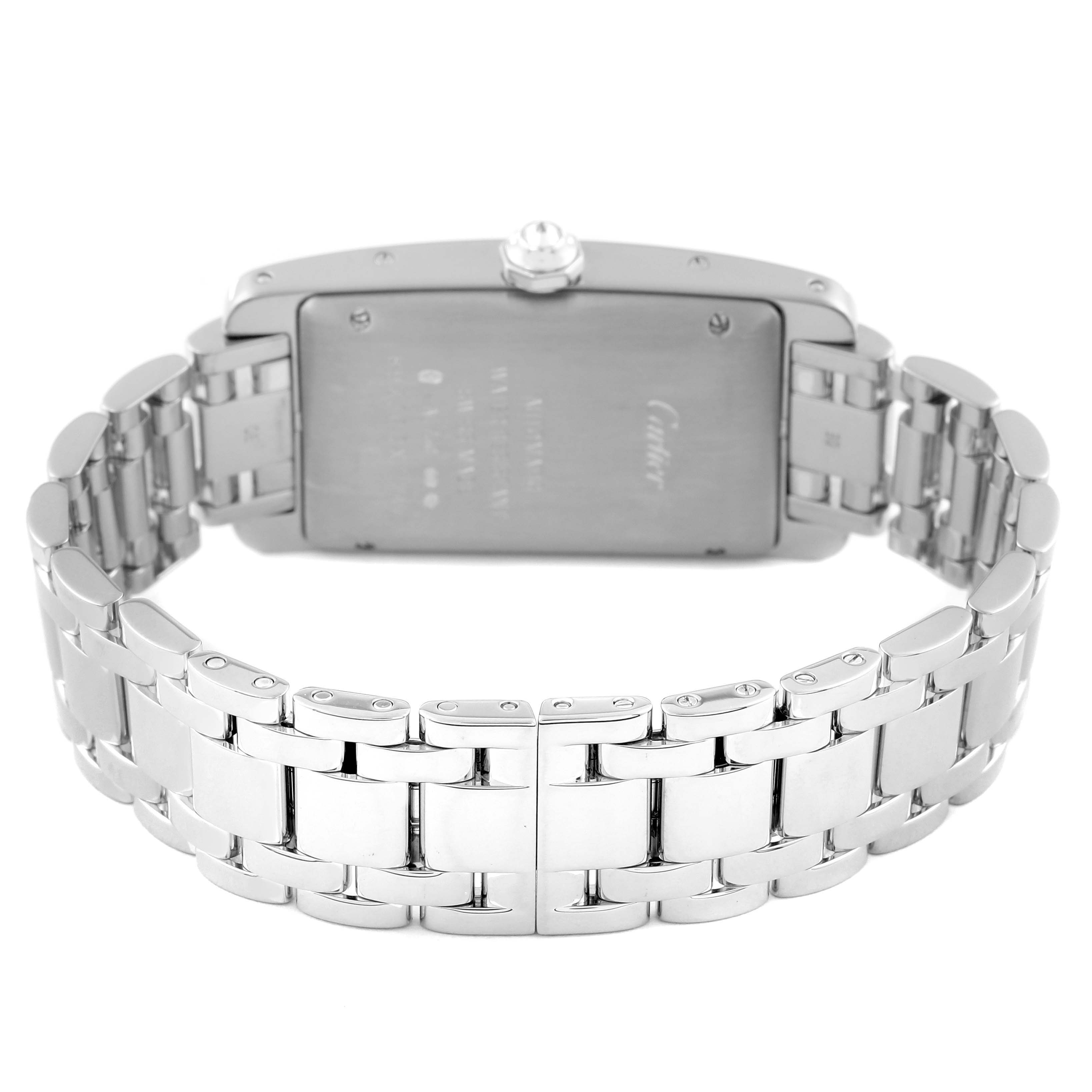 This image shows the back view and metal bracelet of the Cartier Tank Americaine WB7045L1 Men's White Gold Silver Dial WB7045L1 Men's White Gold Silver Dial watch.