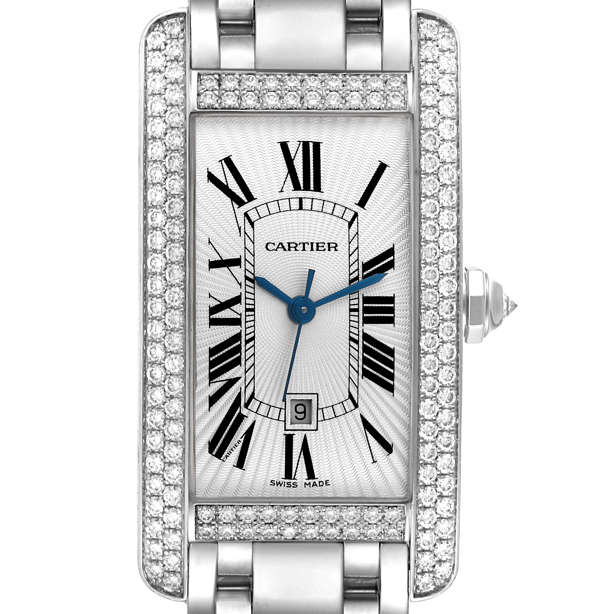 This is a close-up of the Cartier Tank Américaine watch face, showing Roman numerals, blue hands, a date window, and a diamond-set bezel.