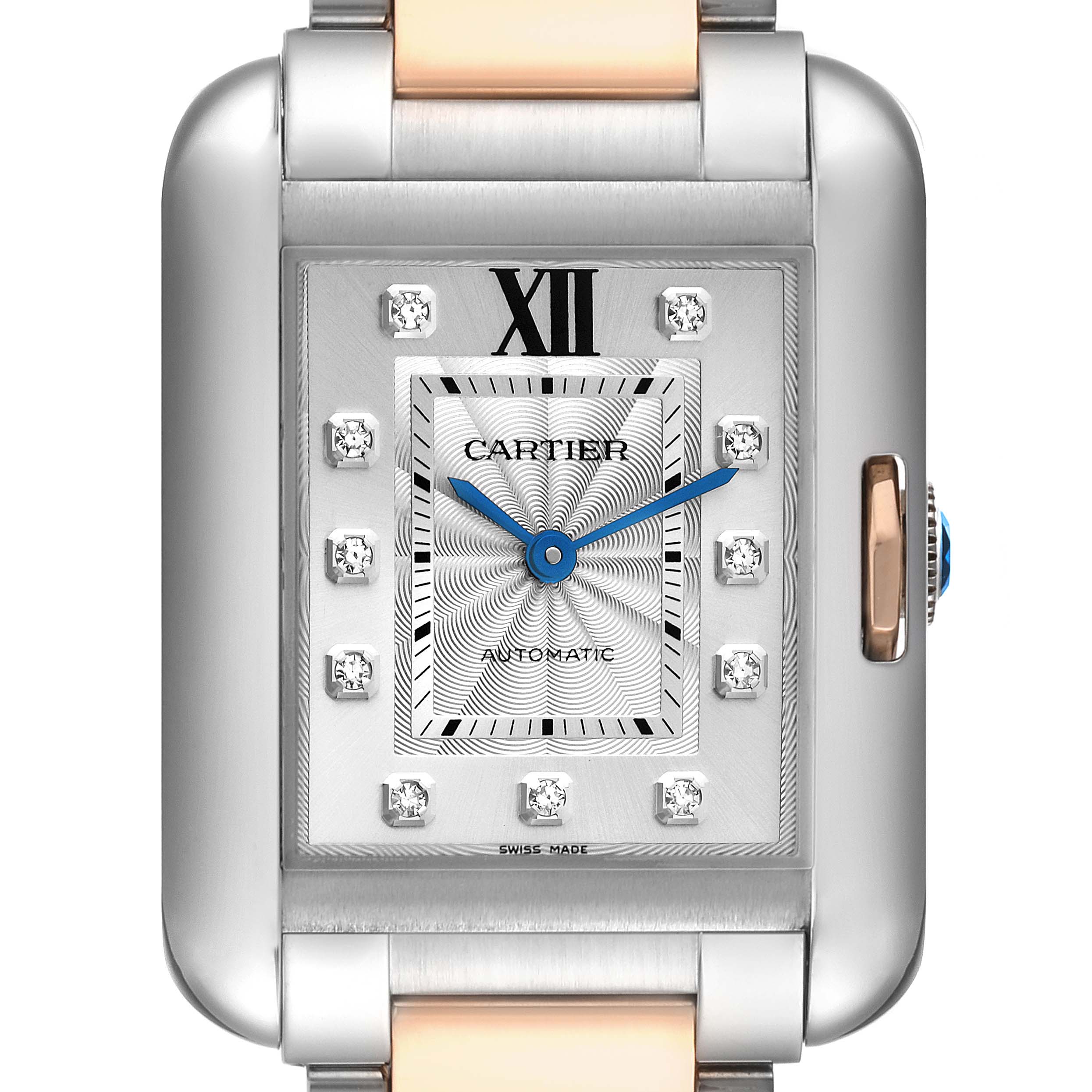 This is a close-up view of the face and part of the band of the Cartier Tank Anglaise WT100025 Women
s Steel and Gold (two tone) Silver Dial WT100025 Women
s Steel and Gold (two tone) Silver Dial watch, highlighting the dial and bezel.