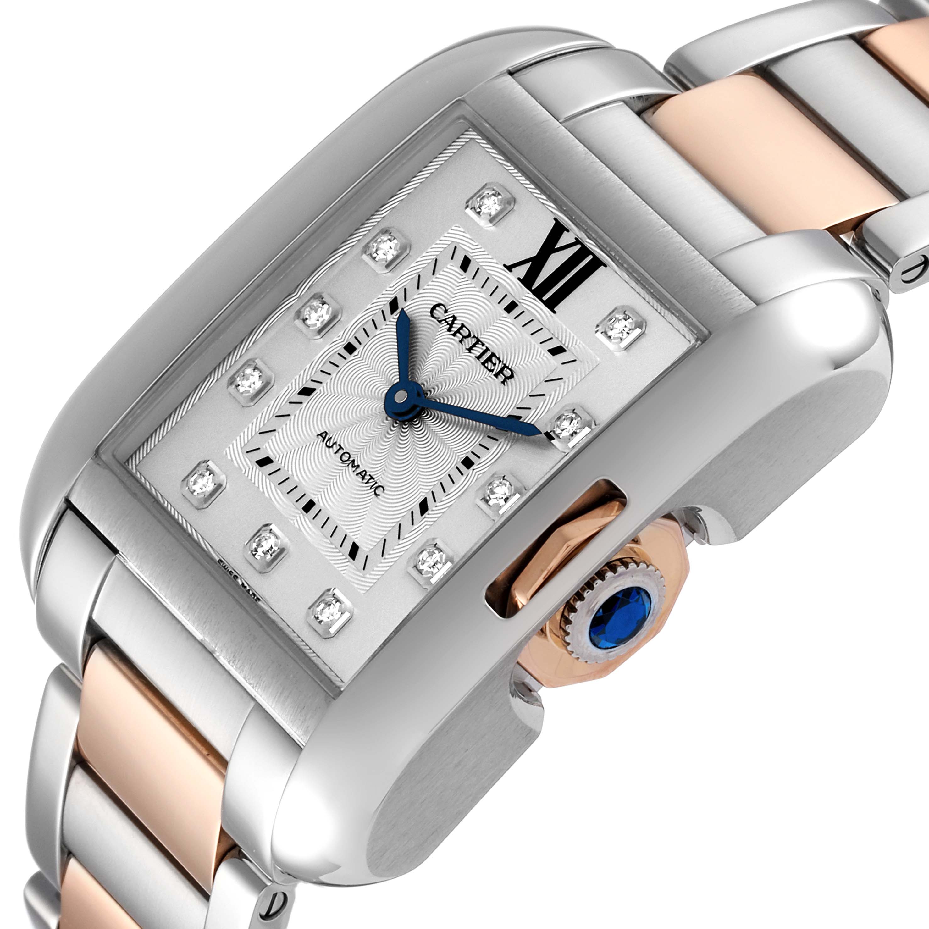 The image shows a Cartier Tank Anglaise WT100025 Women
s Steel and Gold (two tone) Silver Dial WT100025 Women
s Steel and Gold (two tone) Silver Dial watch at an angle, highlighting its rectangular face, crown, and part of the bracelet.