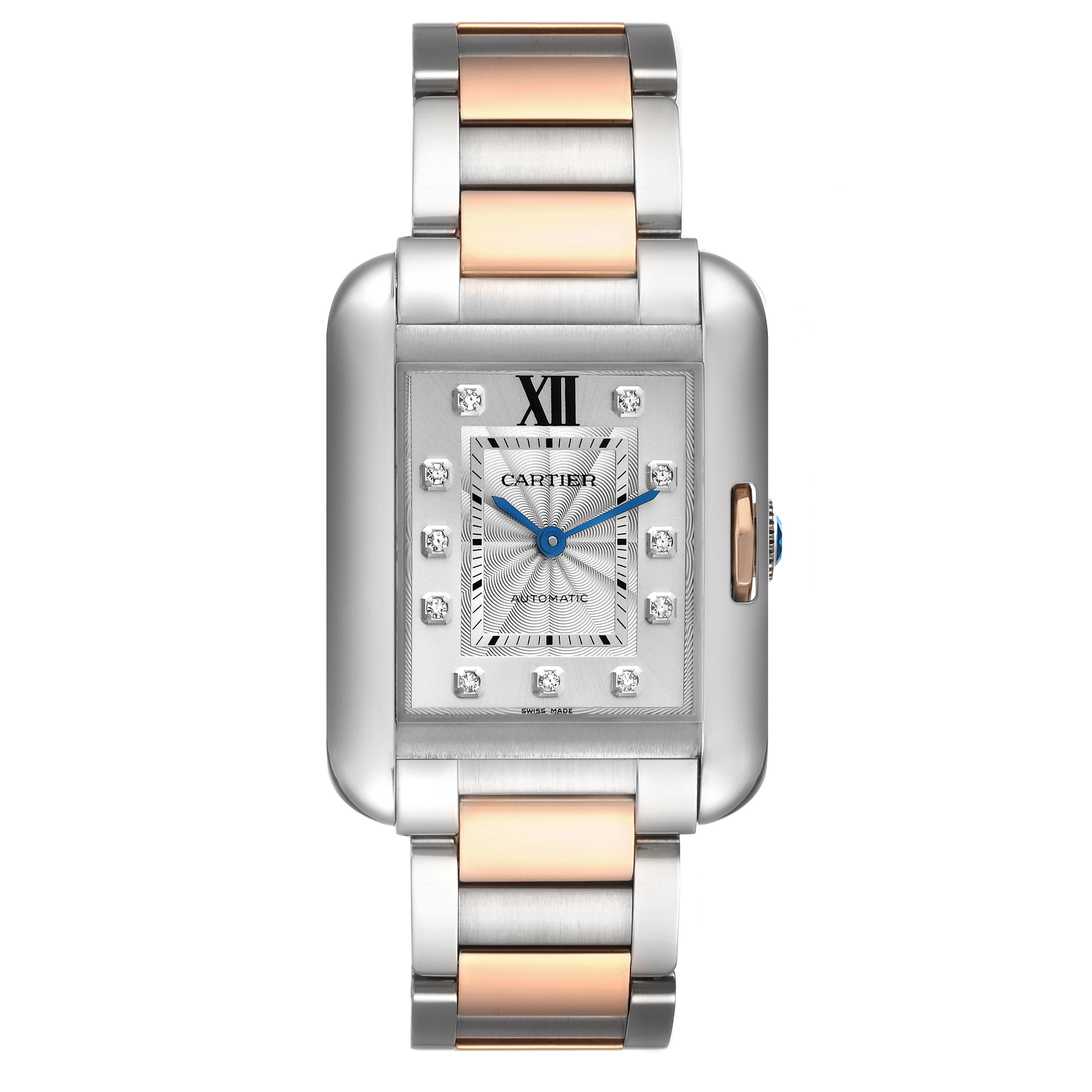 The image shows a straight-on view of a Cartier Tank Anglaise WT100025 Women
s Steel and Gold (two tone) Silver Dial WT100025 Women
s Steel and Gold (two tone) Silver Dial watch, featuring its face, bracelet, and crown.