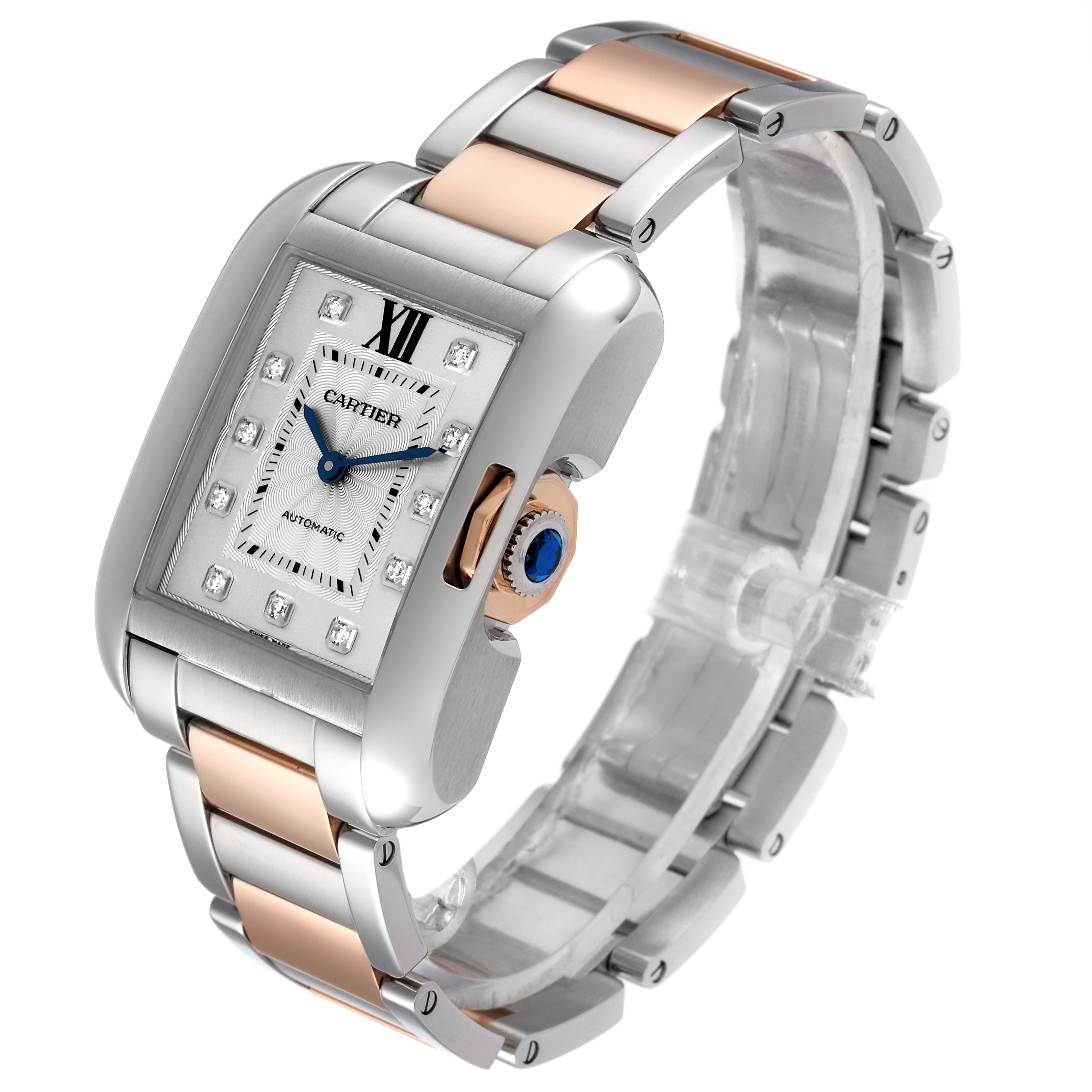 The image shows a Cartier Tank Anglaise WT100025 Women
s Steel and Gold (two tone) Silver Dial WT100025 Women
s Steel and Gold (two tone) Silver Dial watch at a three-quarter angle, highlighting the face, bezel, and part of the bracelet.