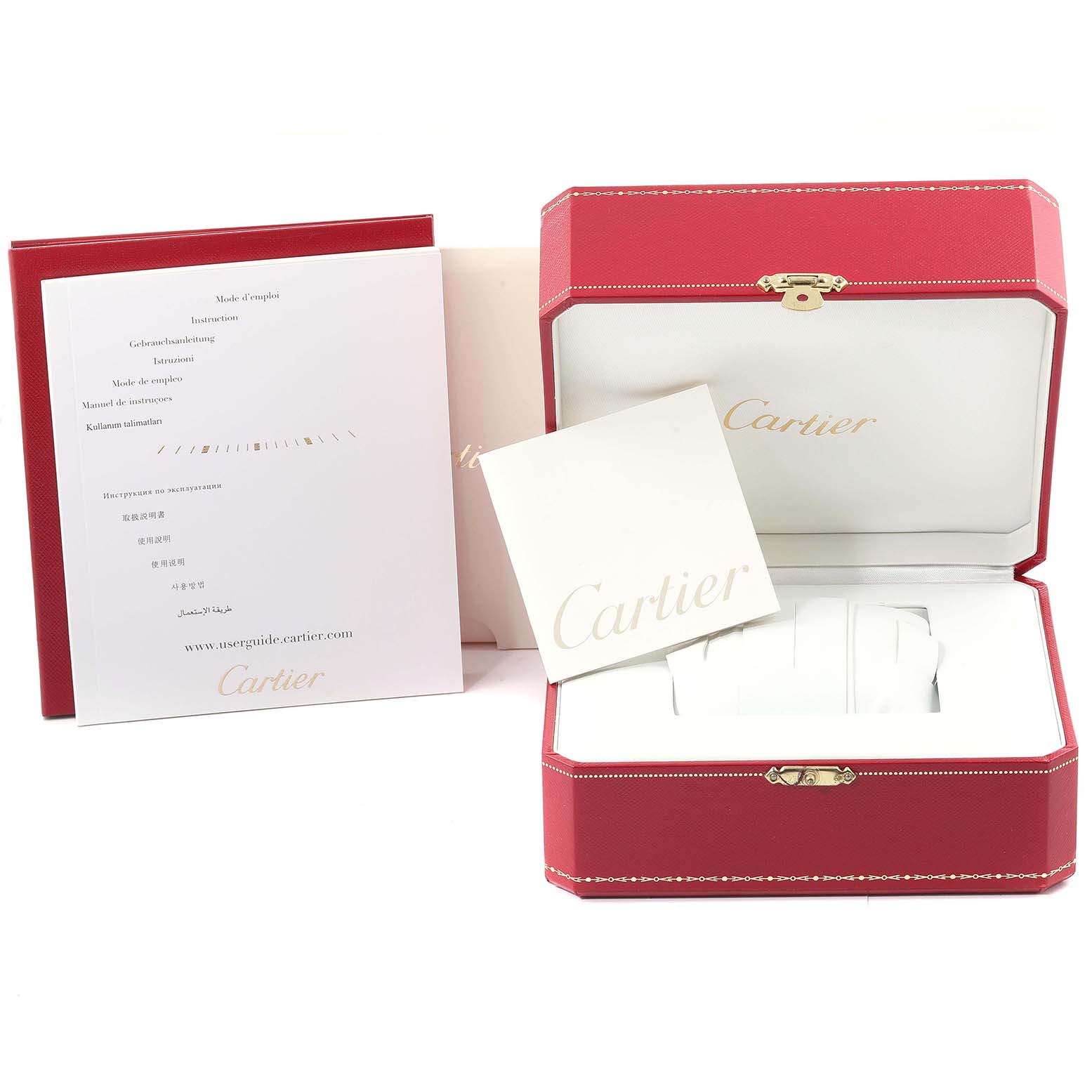 The image shows the packaging, manual, and warranty card for a Cartier Tank Anglaise WT100025 Women
s Steel and Gold (two tone) Silver Dial WT100025 Women
s Steel and Gold (two tone) Silver Dial watch, oriented frontally.
