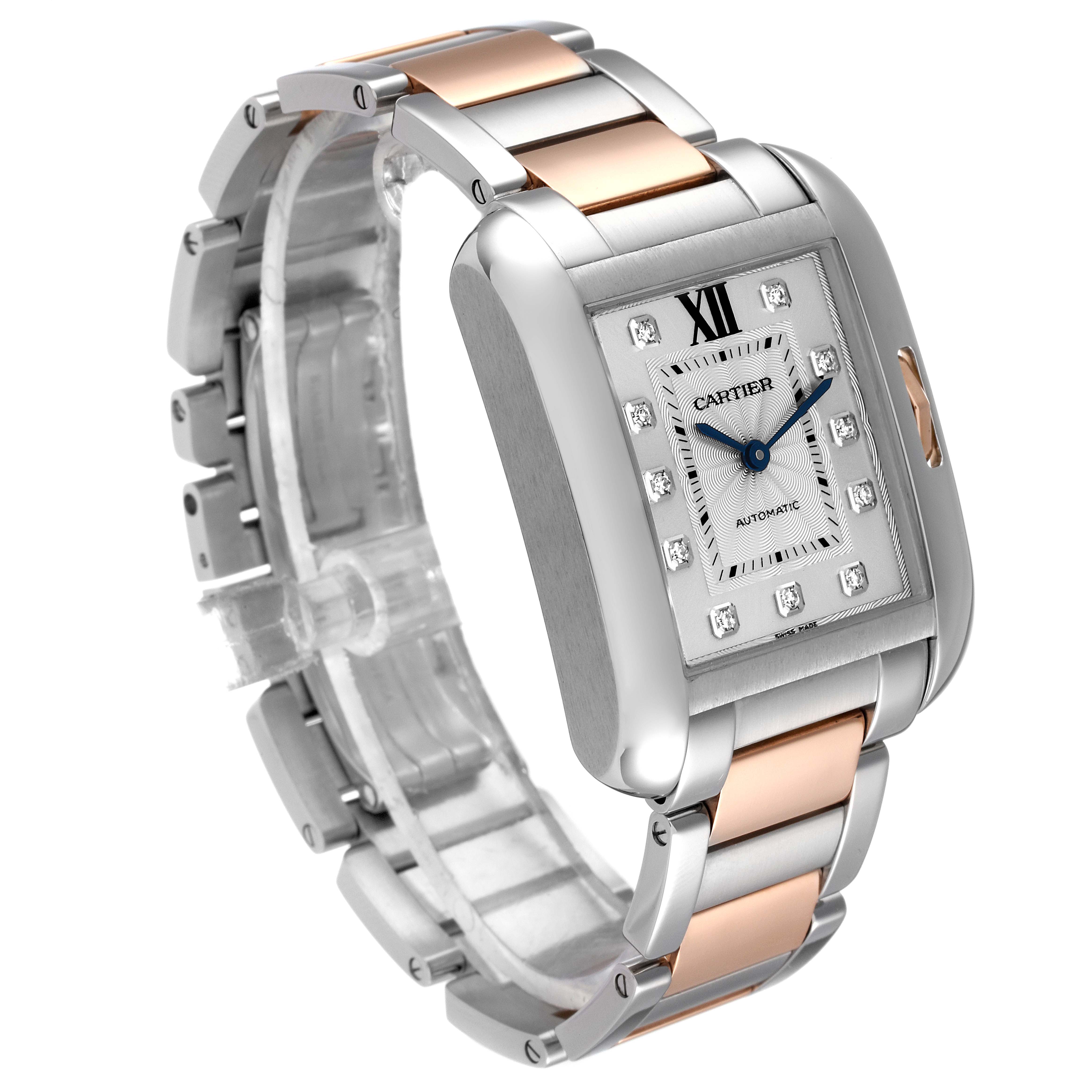 This image shows a Cartier Tank Anglaise WT100025 Women
s Steel and Gold (two tone) Silver Dial WT100025 Women
s Steel and Gold (two tone) Silver Dial watch at a three-quarter angle, highlighting its two-tone bracelet and rectangular face.