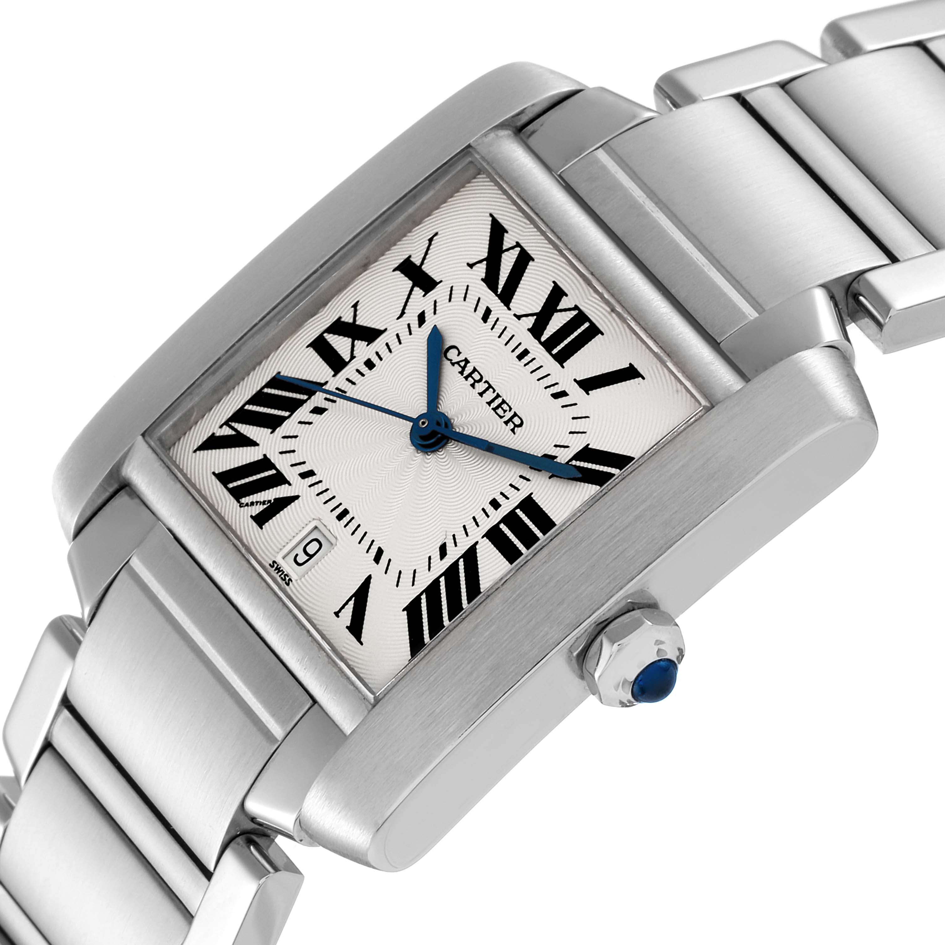 The image shows a close-up angle of the Cartier Tank Francaise W51002Q3 Men's Stainless Steel Silver Dial W51002Q3 Men's Stainless Steel Silver Dial watch, highlighting its face, bracelet, and crown.