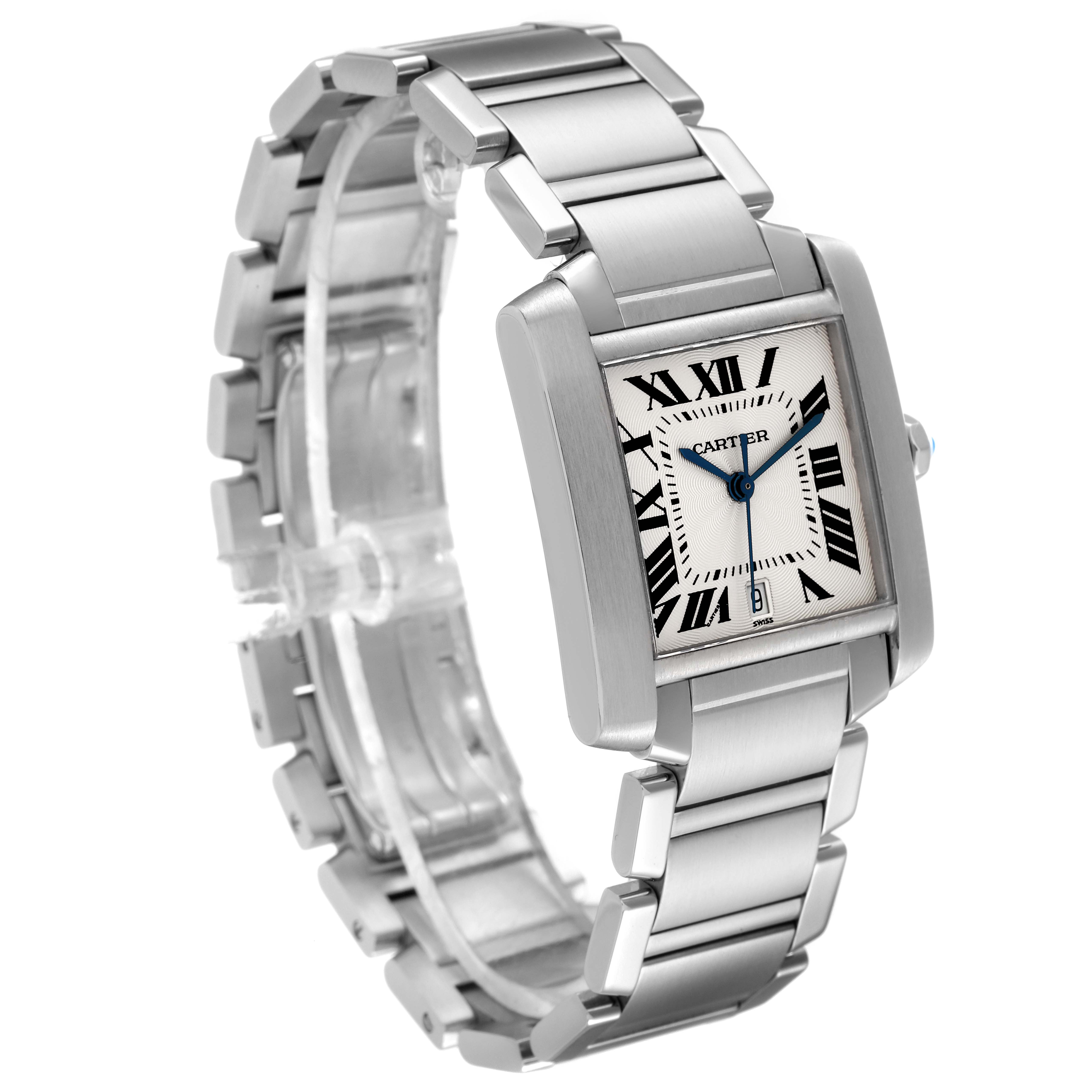 The Cartier Tank Francaise W51002Q3 Men's Stainless Steel Silver Dial W51002Q3 Men's Stainless Steel Silver Dial watch is shown at an angle displaying its rectangular face, stainless steel bracelet, and Roman numeral dial.