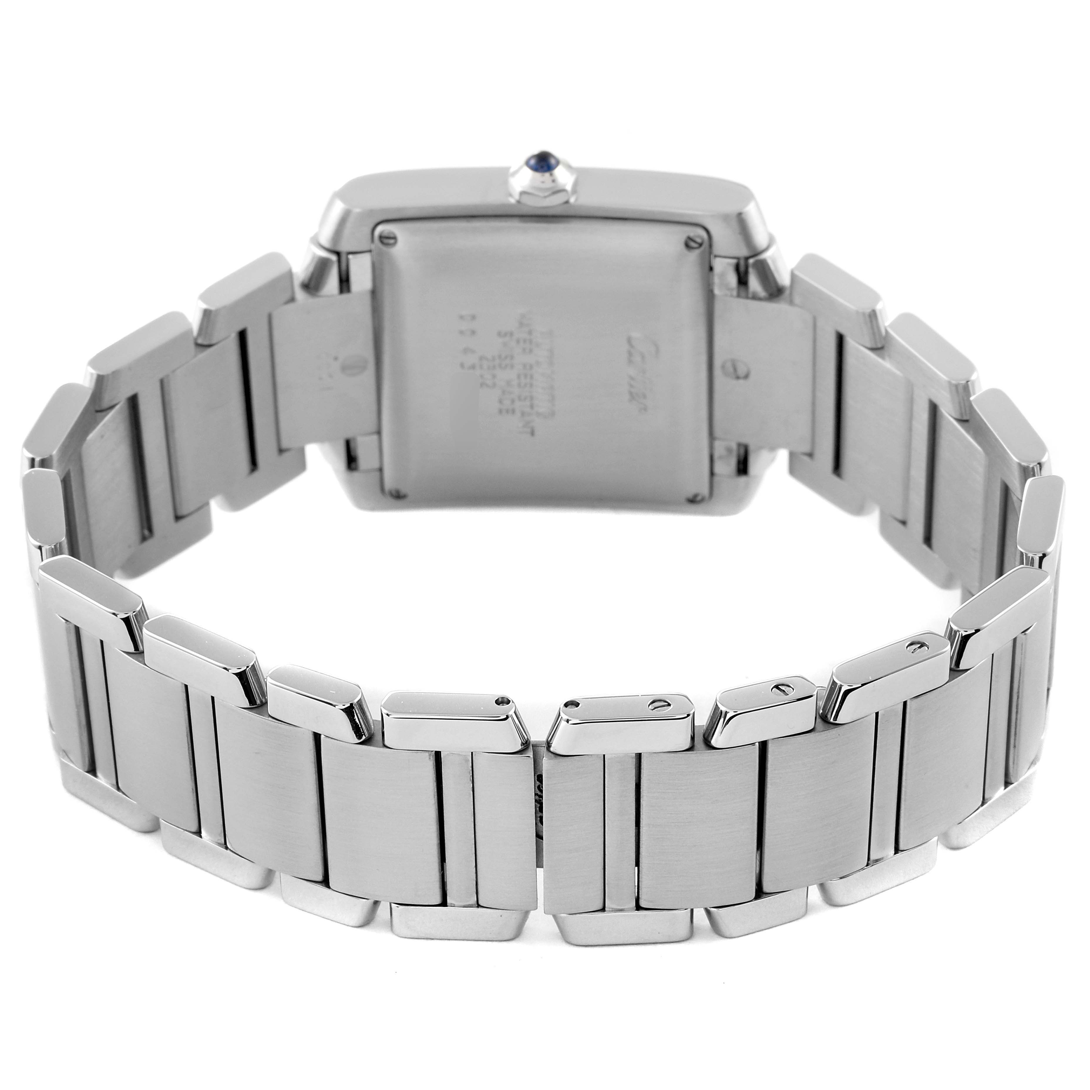 This image shows the back and bracelet of a Cartier Tank Française watch from a rear angle.