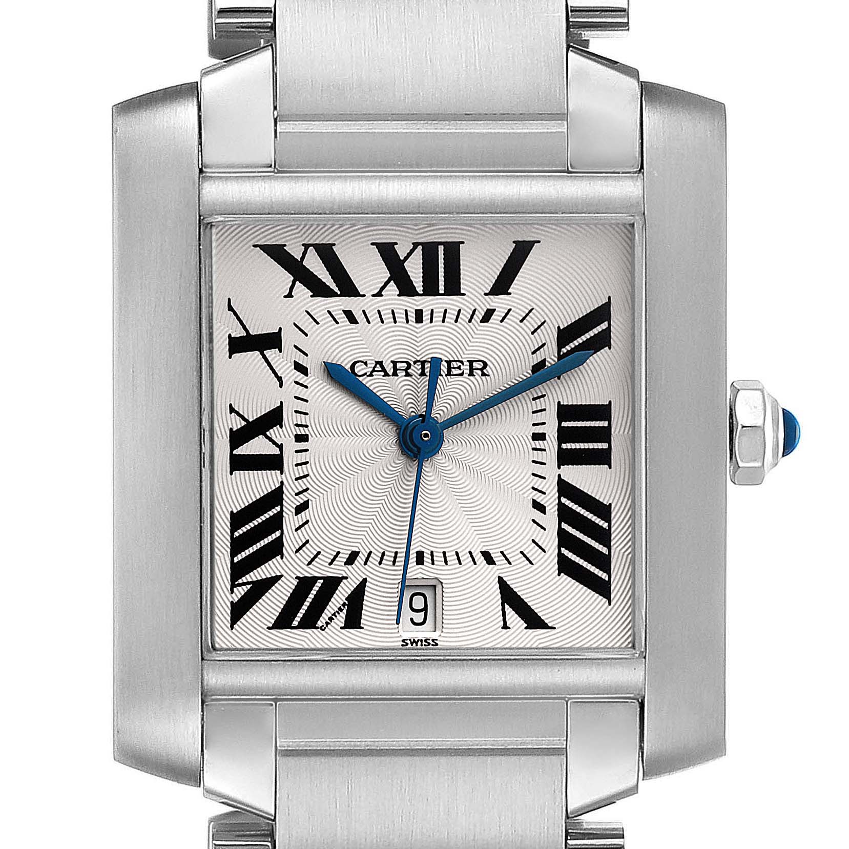 The image shows a close-up of the Tank Francaise model by Cartier, highlighting its dial, hands, crown, and Roman numeral markers.