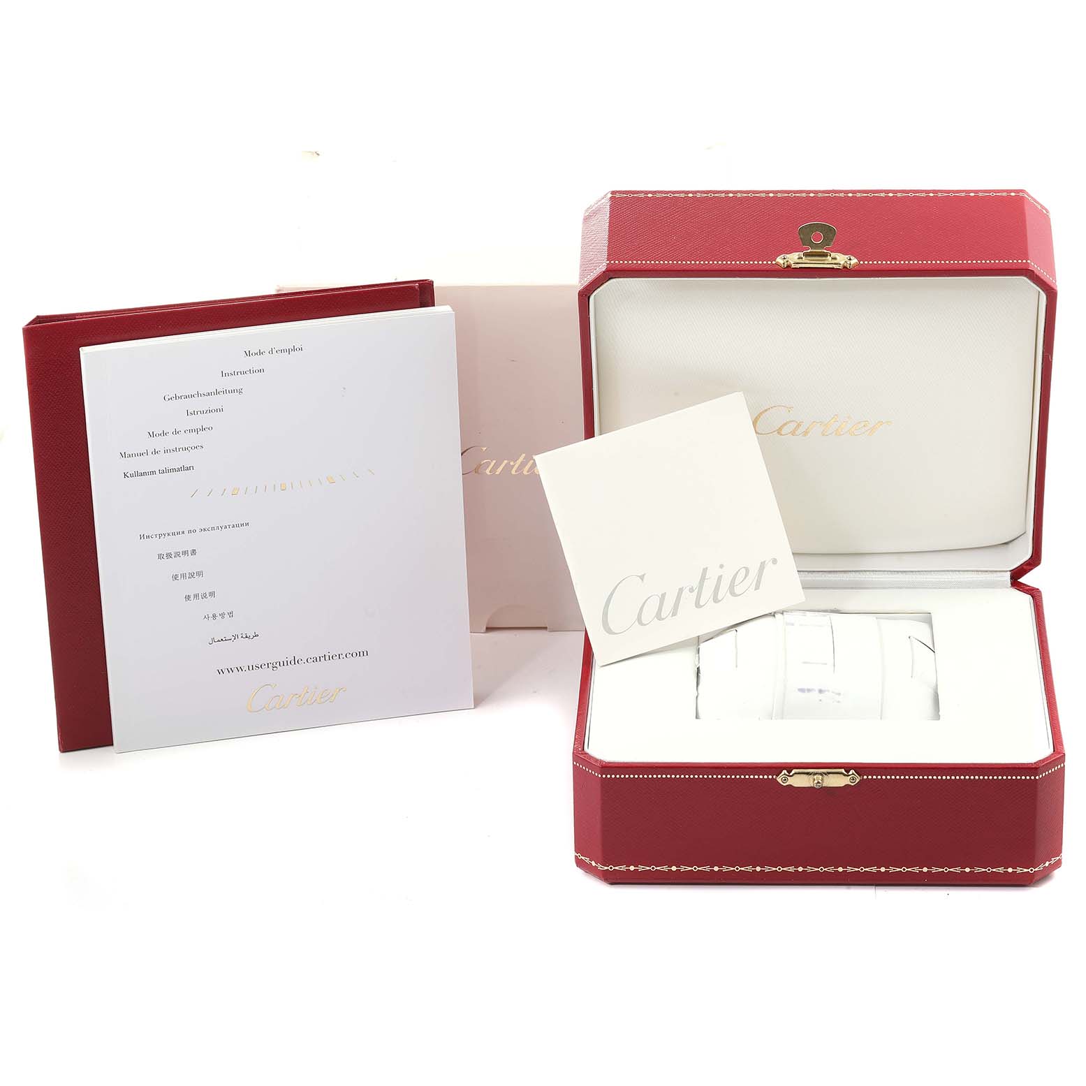 The image shows the packaging for the Cartier Tank Française watch, including the watch box, manual, and certification.