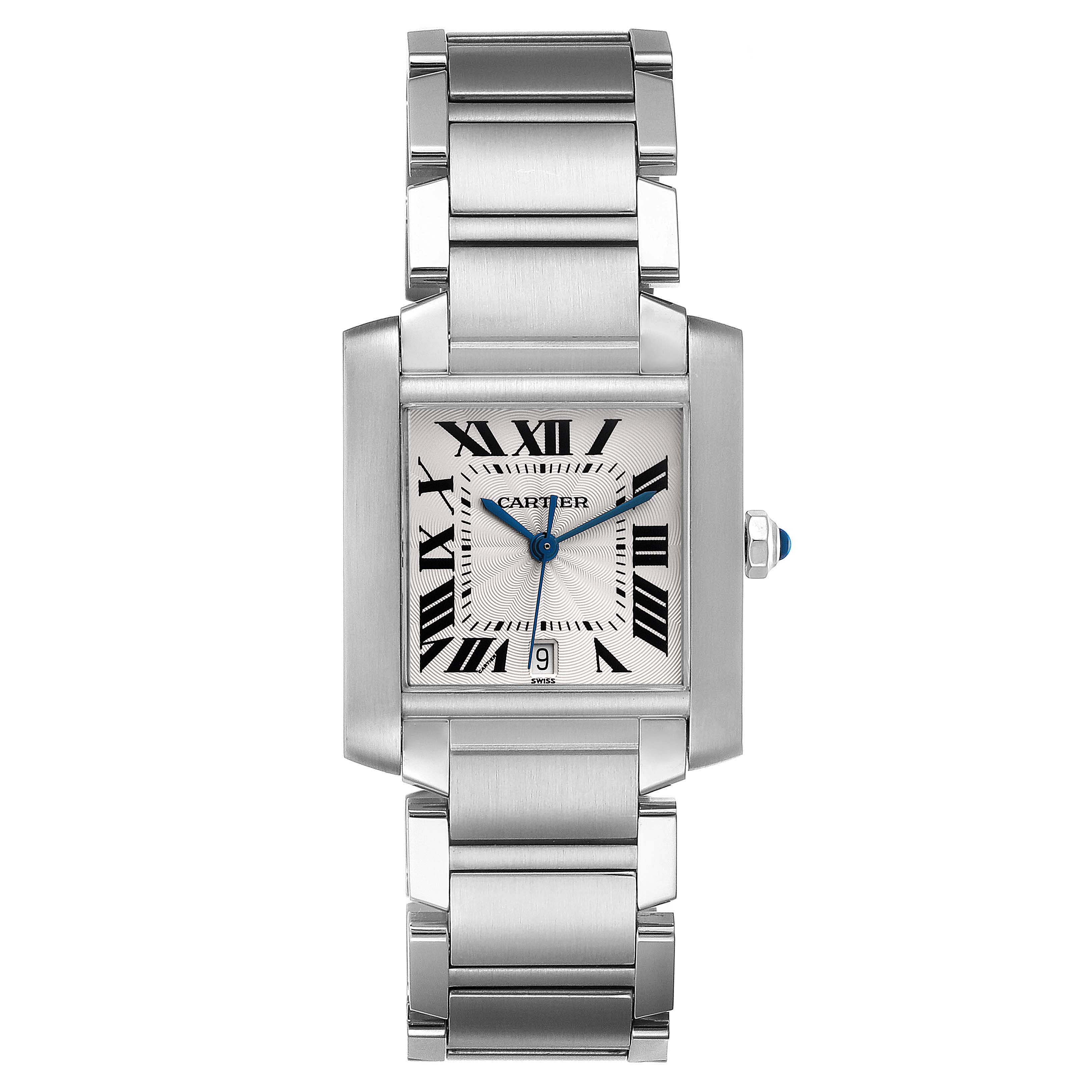 This image shows a front view of the Cartier Tank Française watch, displaying its face, bracelet, and crown.