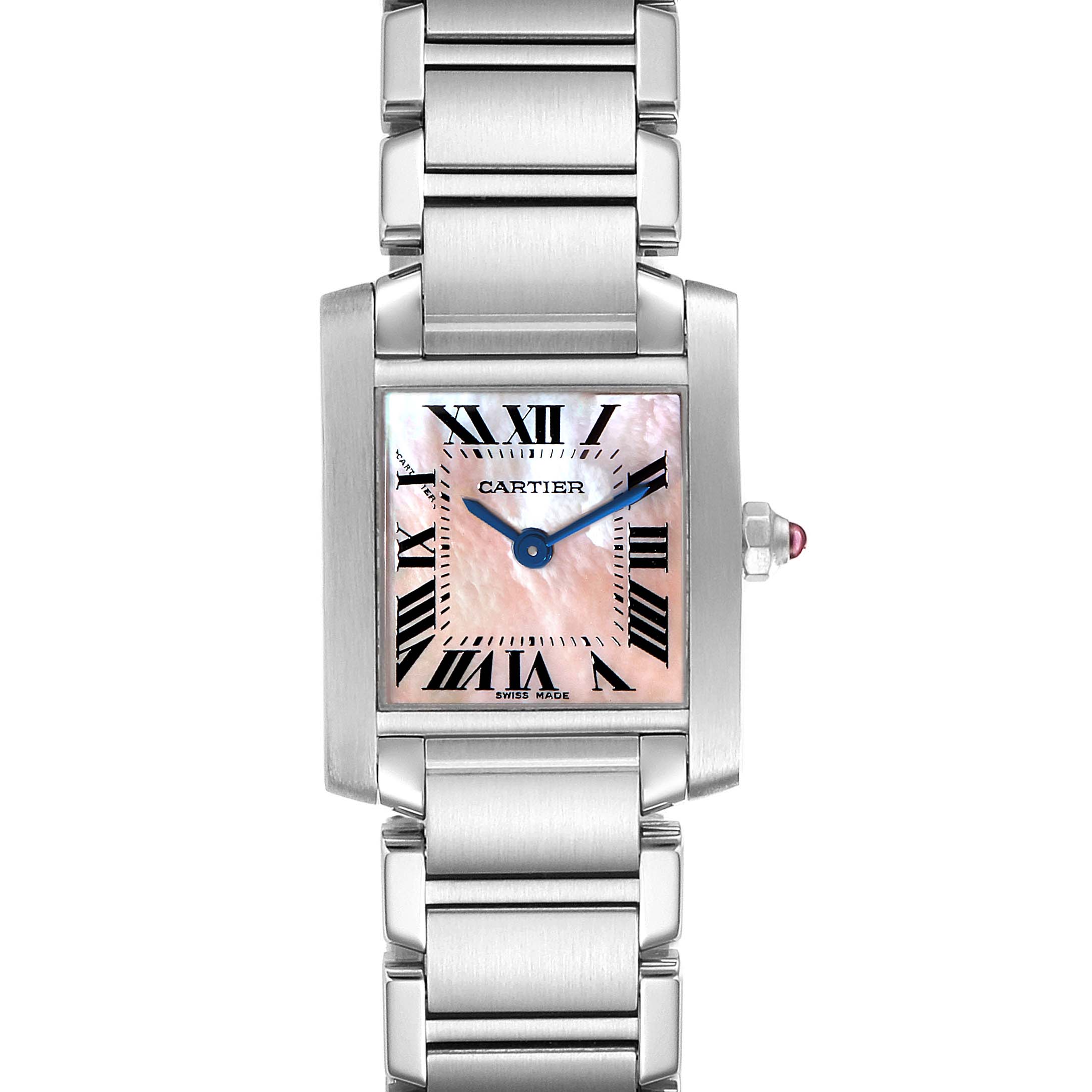 The image shows a frontal view of a Cartier Tank Francaise W51028Q3 Women
s Stainless Steel Mother of Pearl Dial W51028Q3 Women
s Stainless Steel Mother of Pearl Dial watch, highlighting its face, bracelet, and crown with a blue gem.