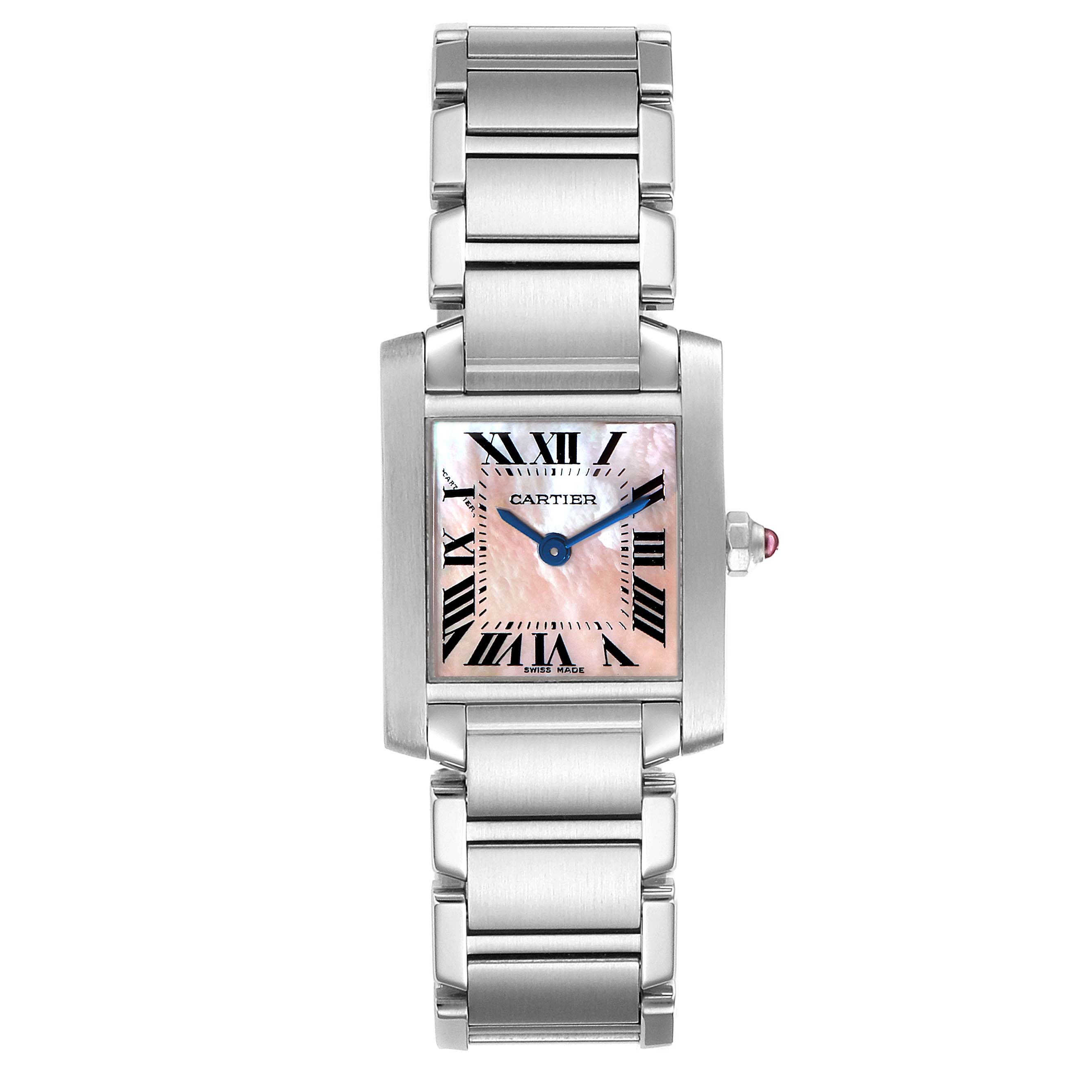 This Cartier Tank Francaise W51028Q3 Women
s Stainless Steel Mother of Pearl Dial W51028Q3 Women
s Stainless Steel Mother of Pearl Dial watch is shown from a top-down angle, featuring its rectangular face, bracelet, and dial with Roman numerals.