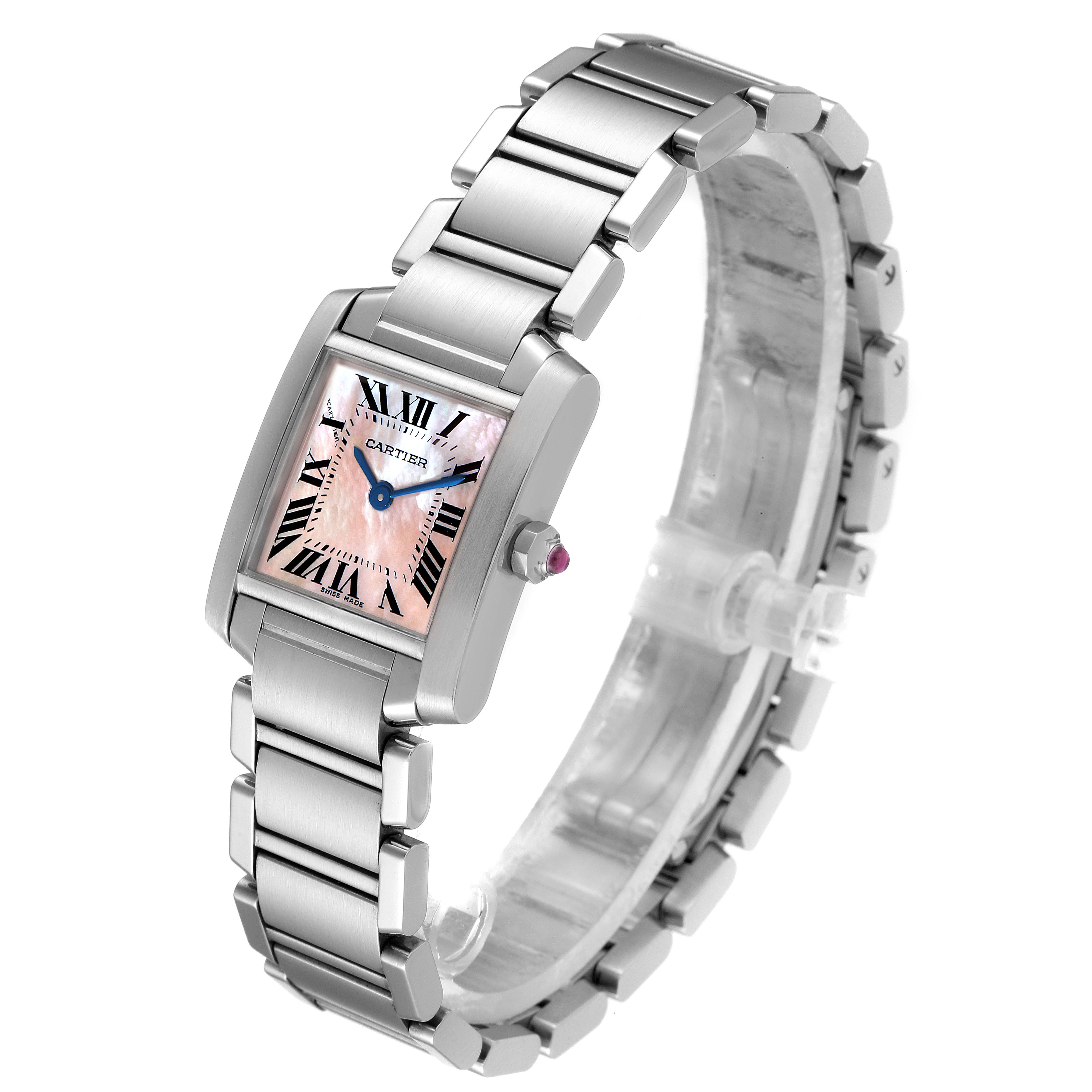 The image shows a Cartier Tank Francaise W51028Q3 Women
s Stainless Steel Mother of Pearl Dial W51028Q3 Women
s Stainless Steel Mother of Pearl Dial watch at a slight angle, highlighting its rectangular case, bracelet, and crown.