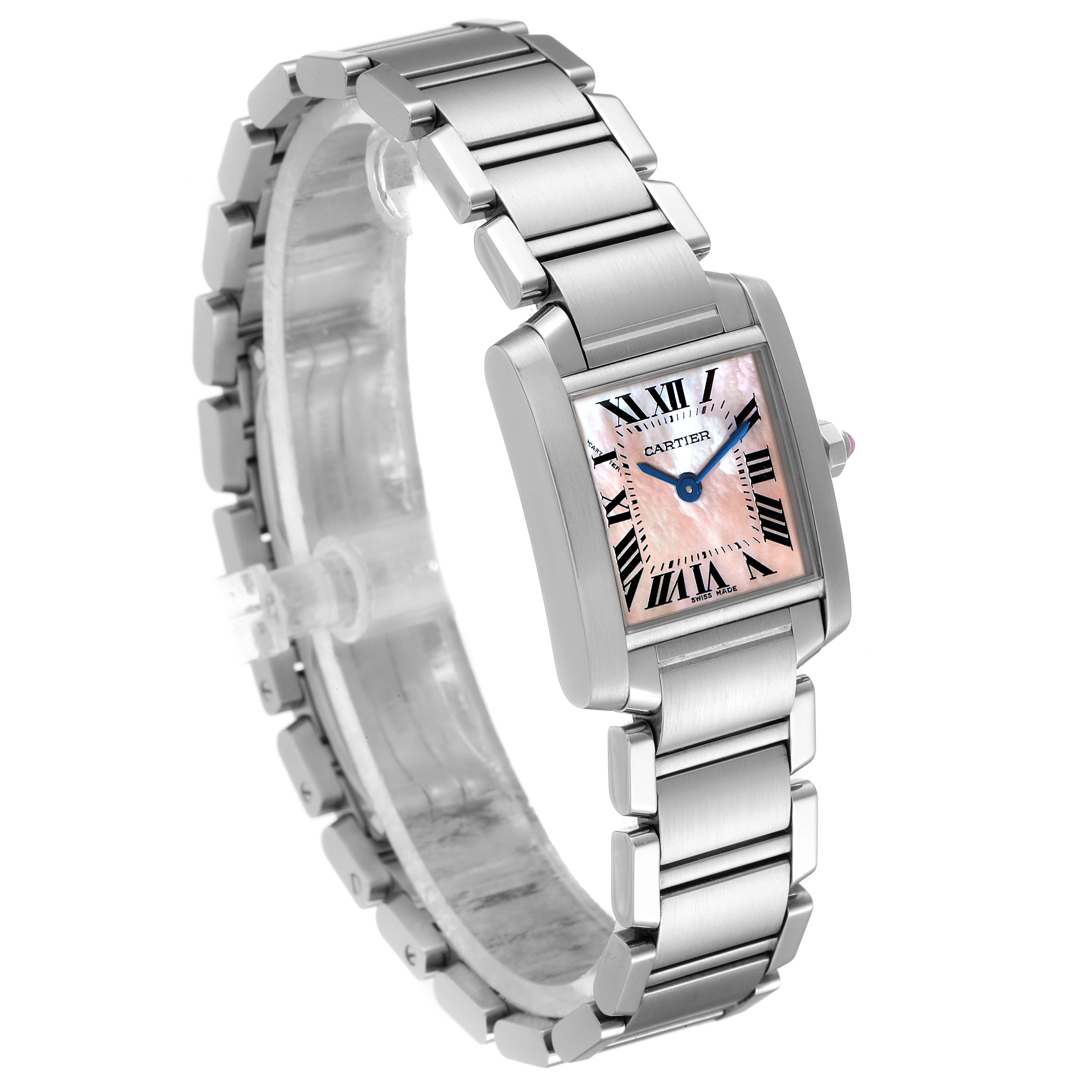 This image shows the Cartier Tank Francaise W51028Q3 Women
s Stainless Steel Mother of Pearl Dial W51028Q3 Women
s Stainless Steel Mother of Pearl Dial watch from an angled side view, highlighting the band and rectangular face.