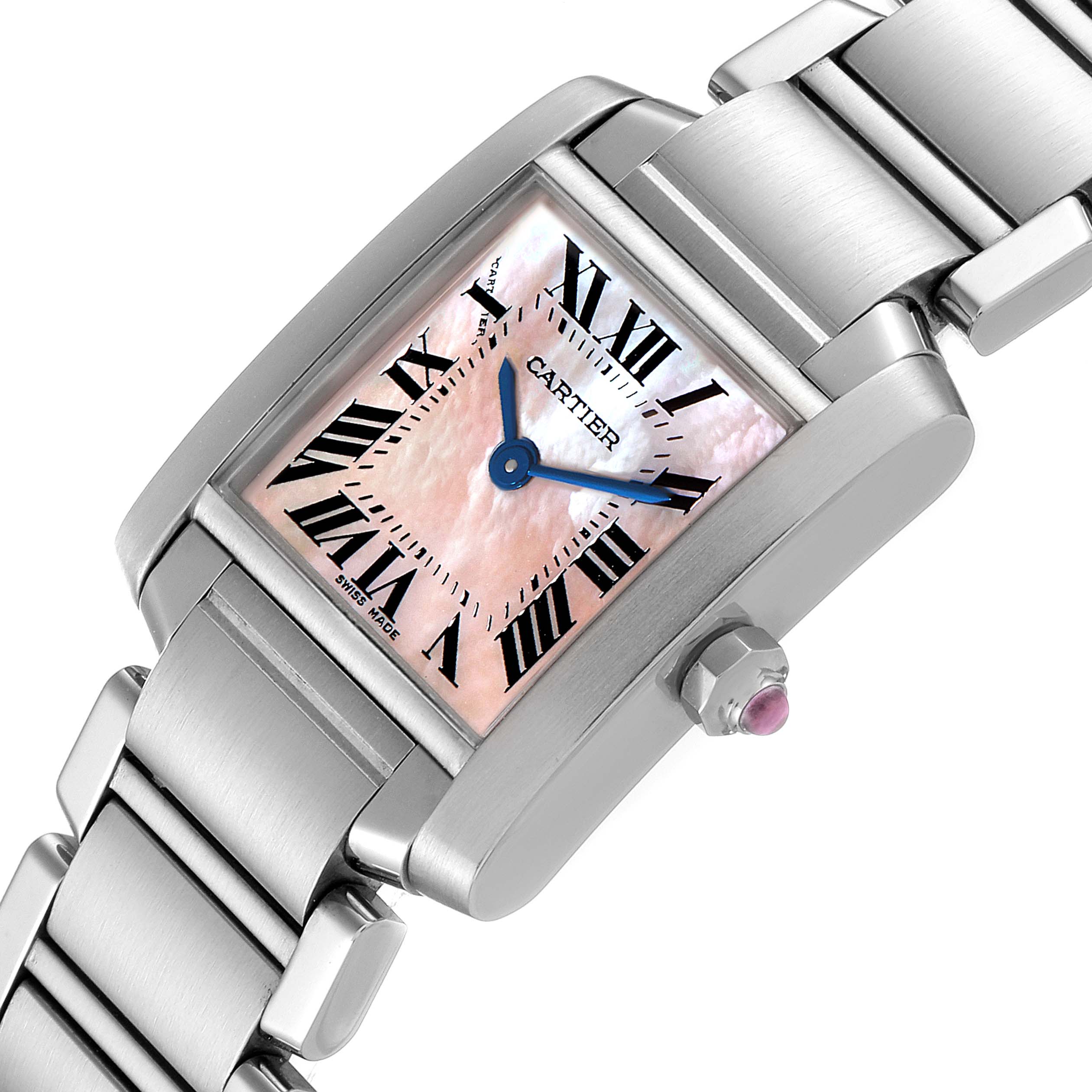 This image shows a close-up angled view of a Cartier Tank Française watch, highlighting its face, roman numerals, and metal bracelet.