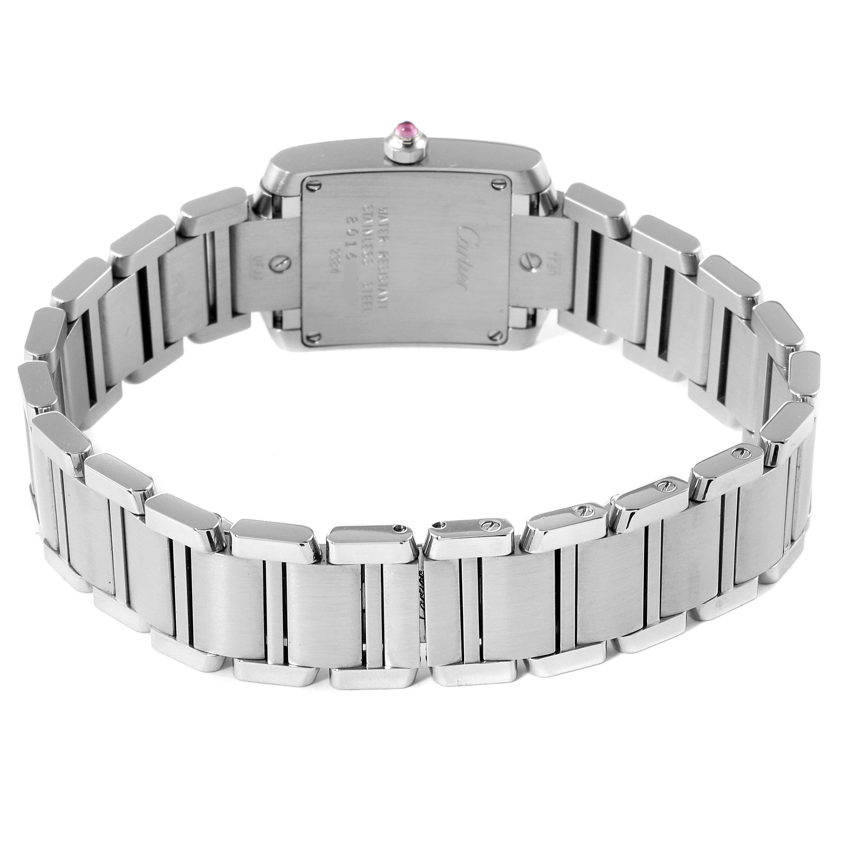 This image shows the back view of the Cartier Tank Francaise W51028Q3 Women
s Stainless Steel Mother of Pearl Dial W51028Q3 Women
s Stainless Steel Mother of Pearl Dial watch, focusing on its stainless steel bracelet and case back.