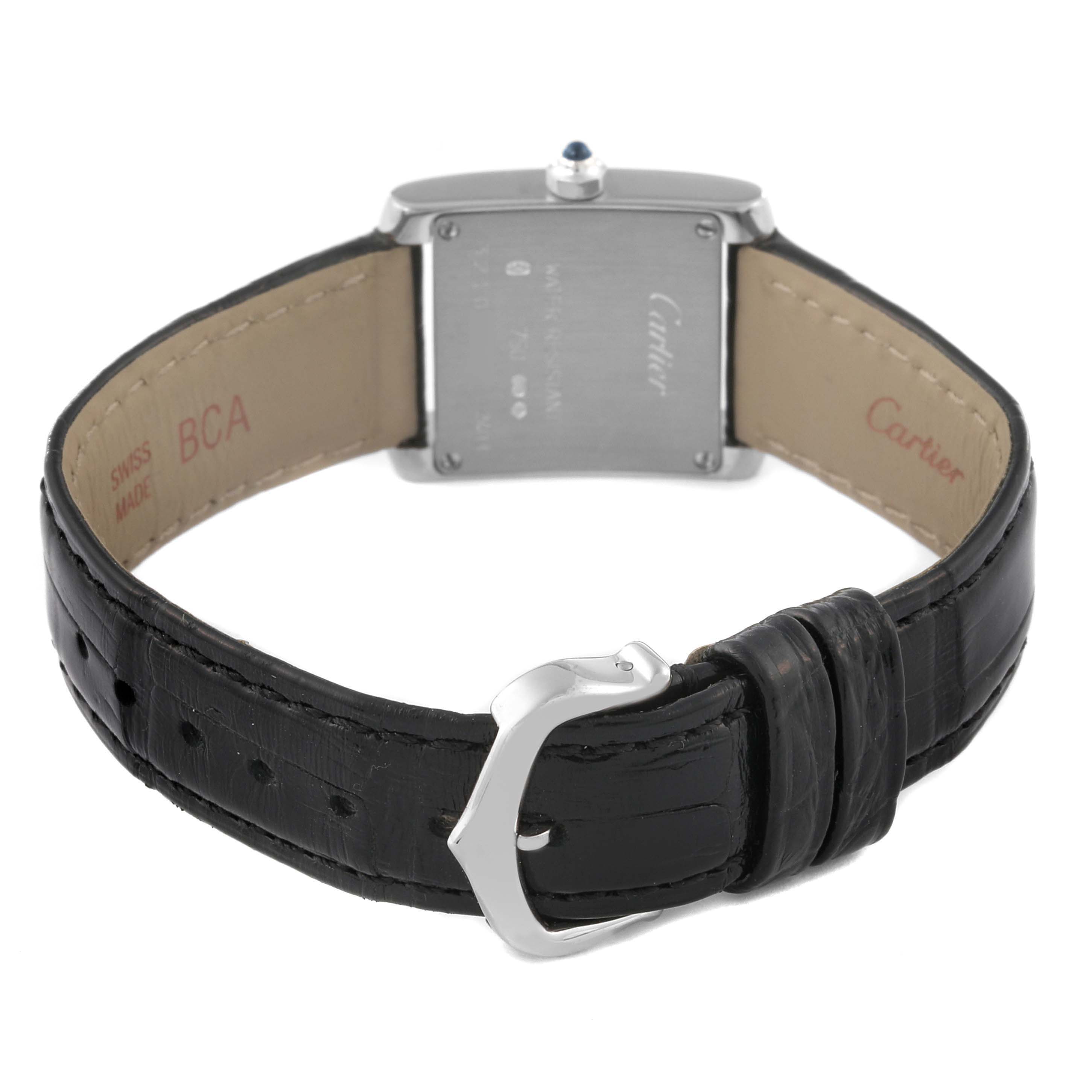 The image shows the back and sides of a Cartier Tank Francaise W5001256 Women's White Gold Silver Dial W5001256 Women's White Gold Silver Dial watch, focusing on the leather strap and buckle.