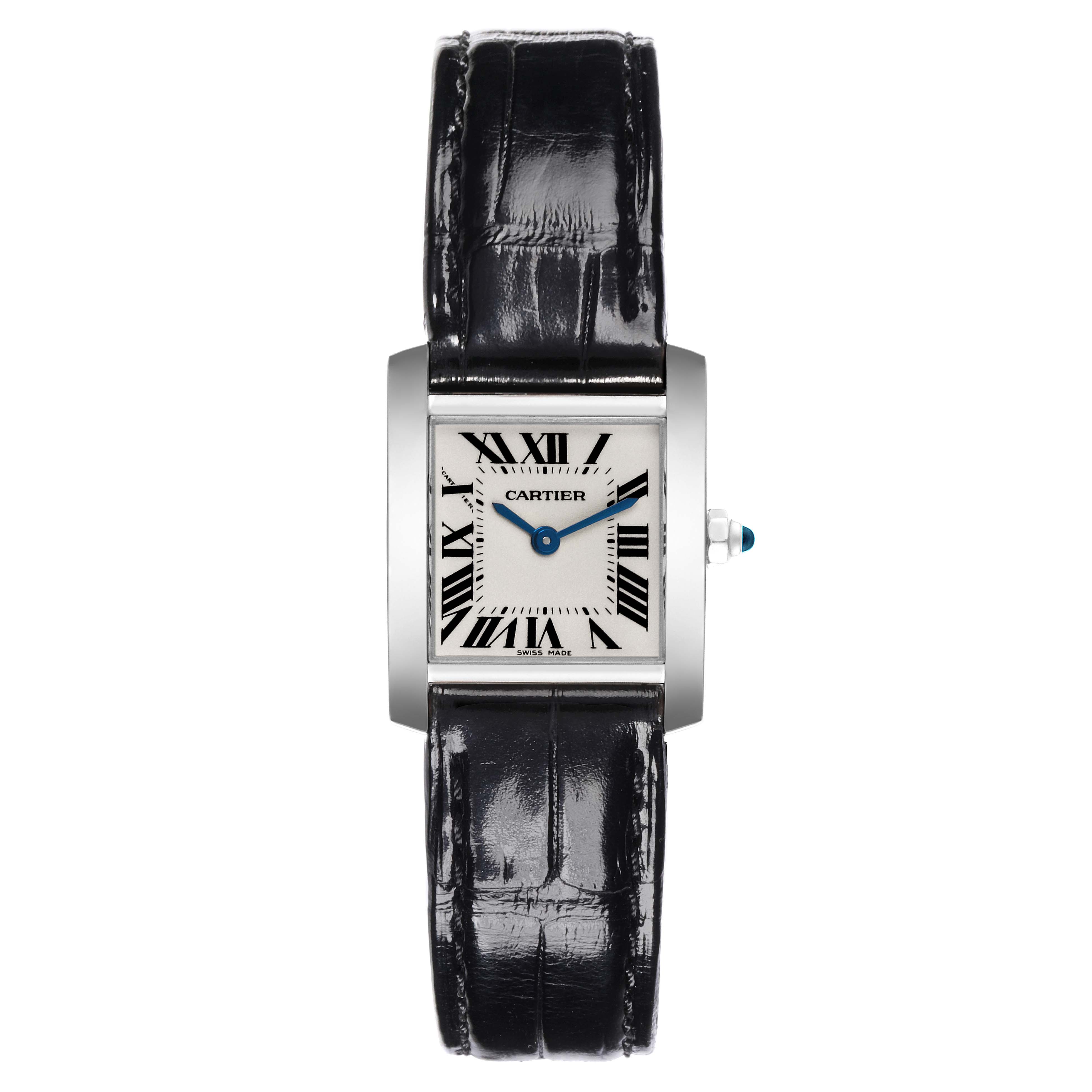 The Cartier Tank Francaise W5001256 Women's White Gold Silver Dial W5001256 Women's White Gold Silver Dial watch is shown from a front angle, displaying the face, case, and strap.
