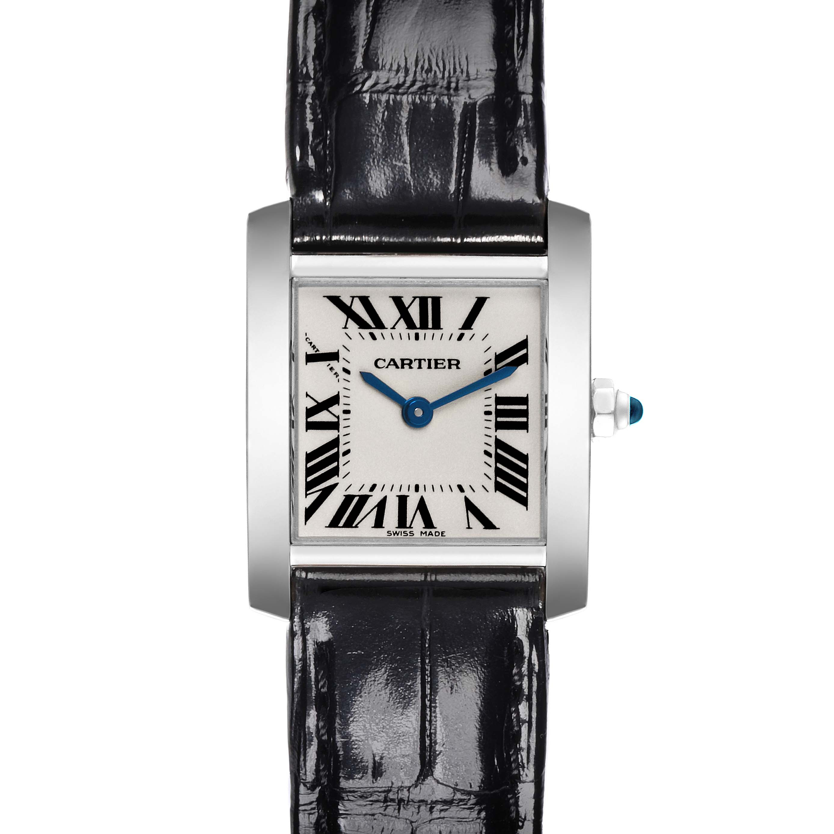 This image shows a front view of the Cartier Tank Francaise W5001256 Women's White Gold Silver Dial W5001256 Women's White Gold Silver Dial watch, highlighting the rectangular face and black leather strap.