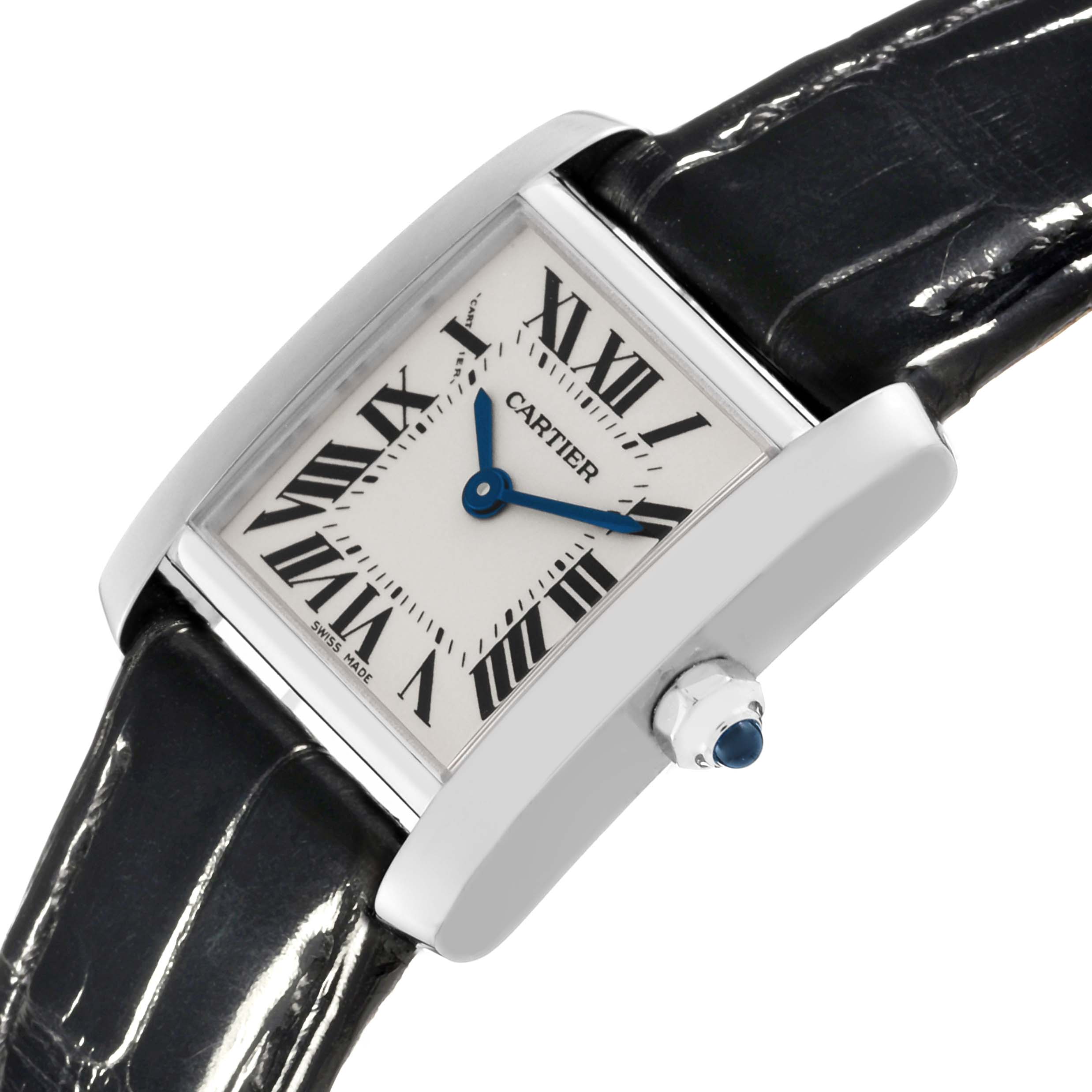 The Cartier Tank Francaise W5001256 Women's White Gold Silver Dial W5001256 Women's White Gold Silver Dial watch is shown at an angle highlighting its face, Roman numerals, and crown with a gemstone.