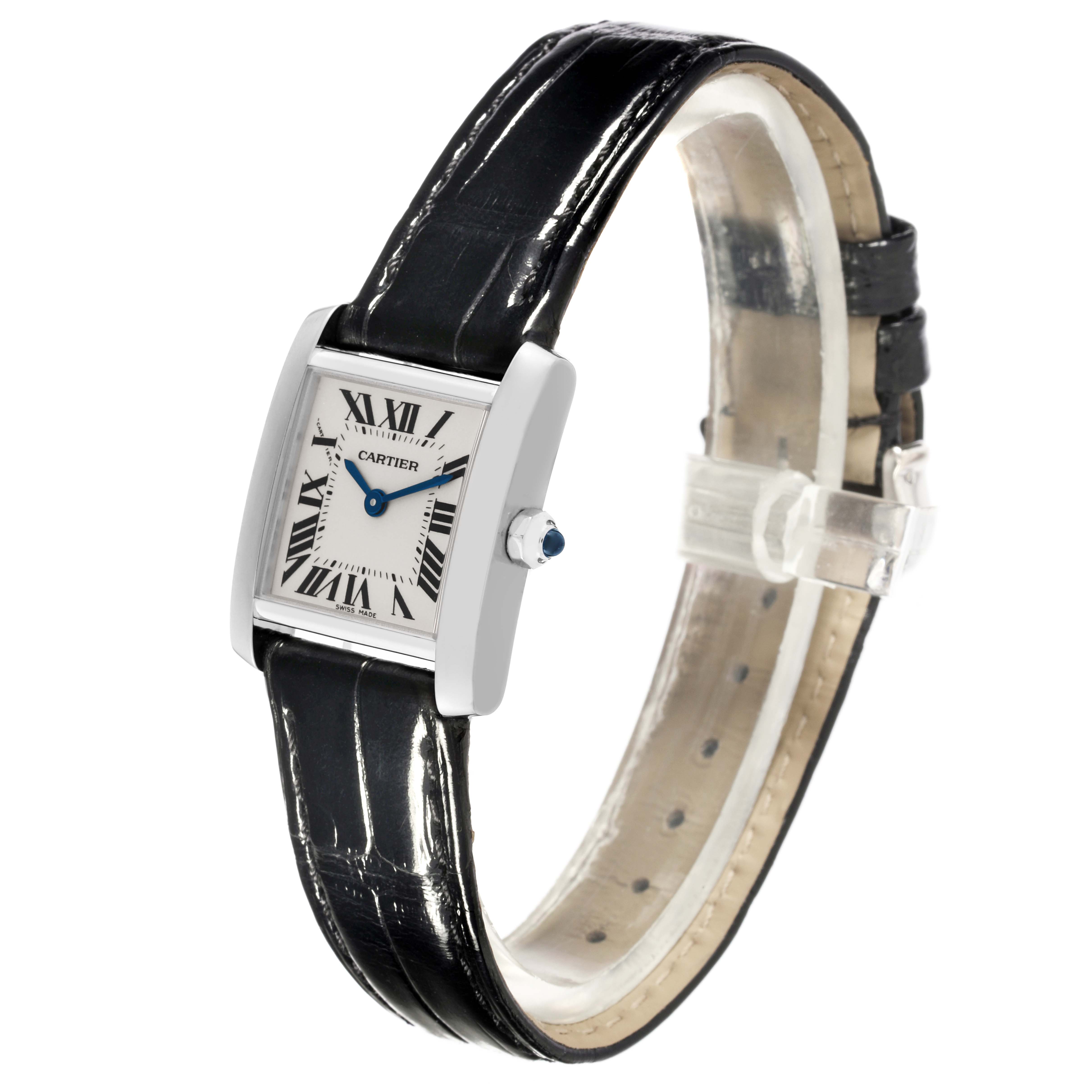 The image shows a Cartier Tank Francaise W5001256 Women's White Gold Silver Dial W5001256 Women's White Gold Silver Dial watch with a rectangular dial, Roman numerals, and a black leather strap, angled slightly to the side.
