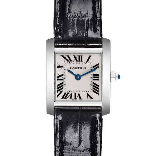 The image shows a front view of the Cartier Tank Française watch, highlighting its dial, bezel, and leather strap.