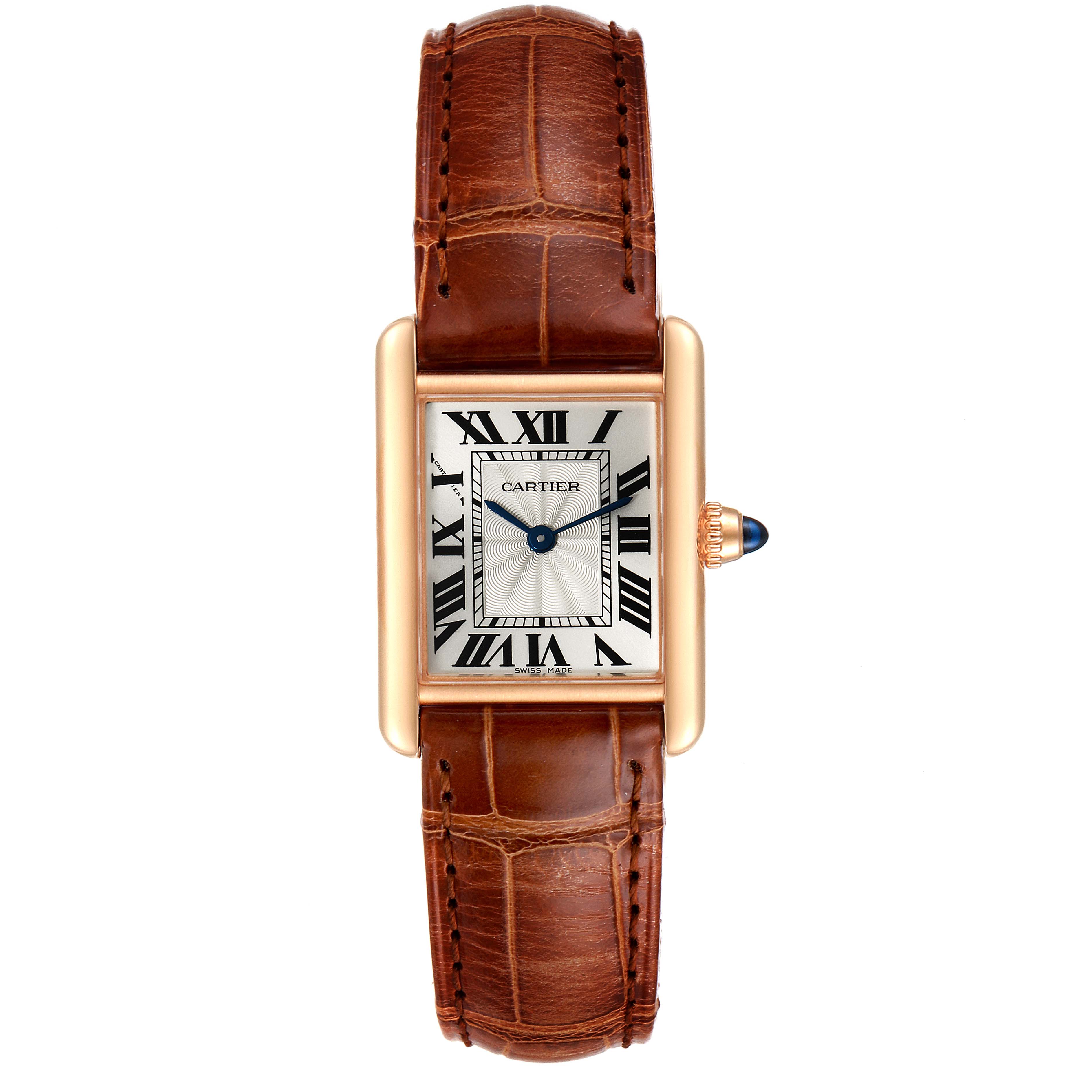 The image shows the Cartier Tank Louis WGTA0010 Women's Rose Gold Silver Dial WGTA0010 Women's Rose Gold Silver Dial watch from a top-down angle, highlighting its face, strap, and crown.