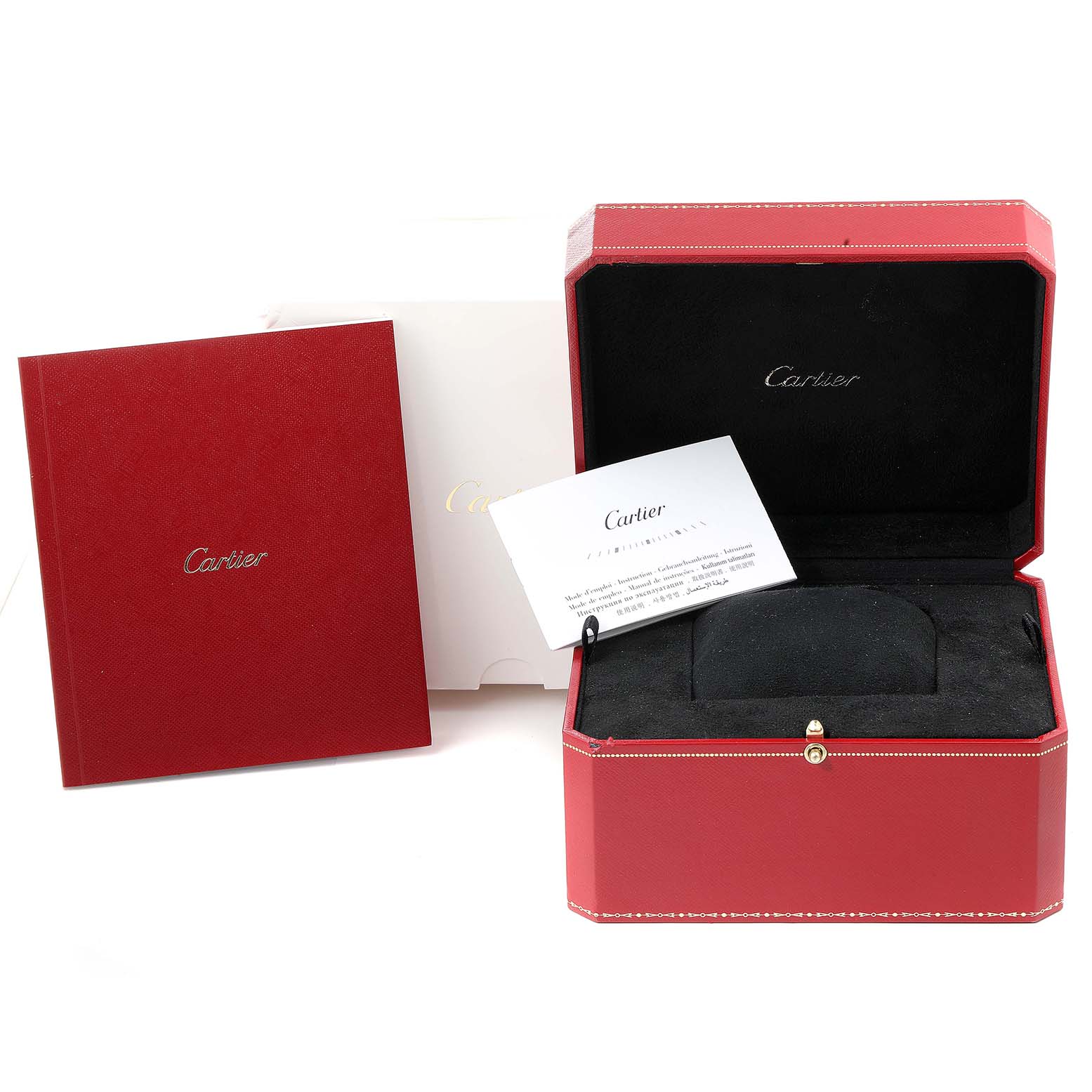 The image shows the open red box, booklet, and warranty card for the Cartier Tank Louis WGTA0010 Women's Rose Gold Silver Dial WGTA0010 Women's Rose Gold Silver Dial watch.