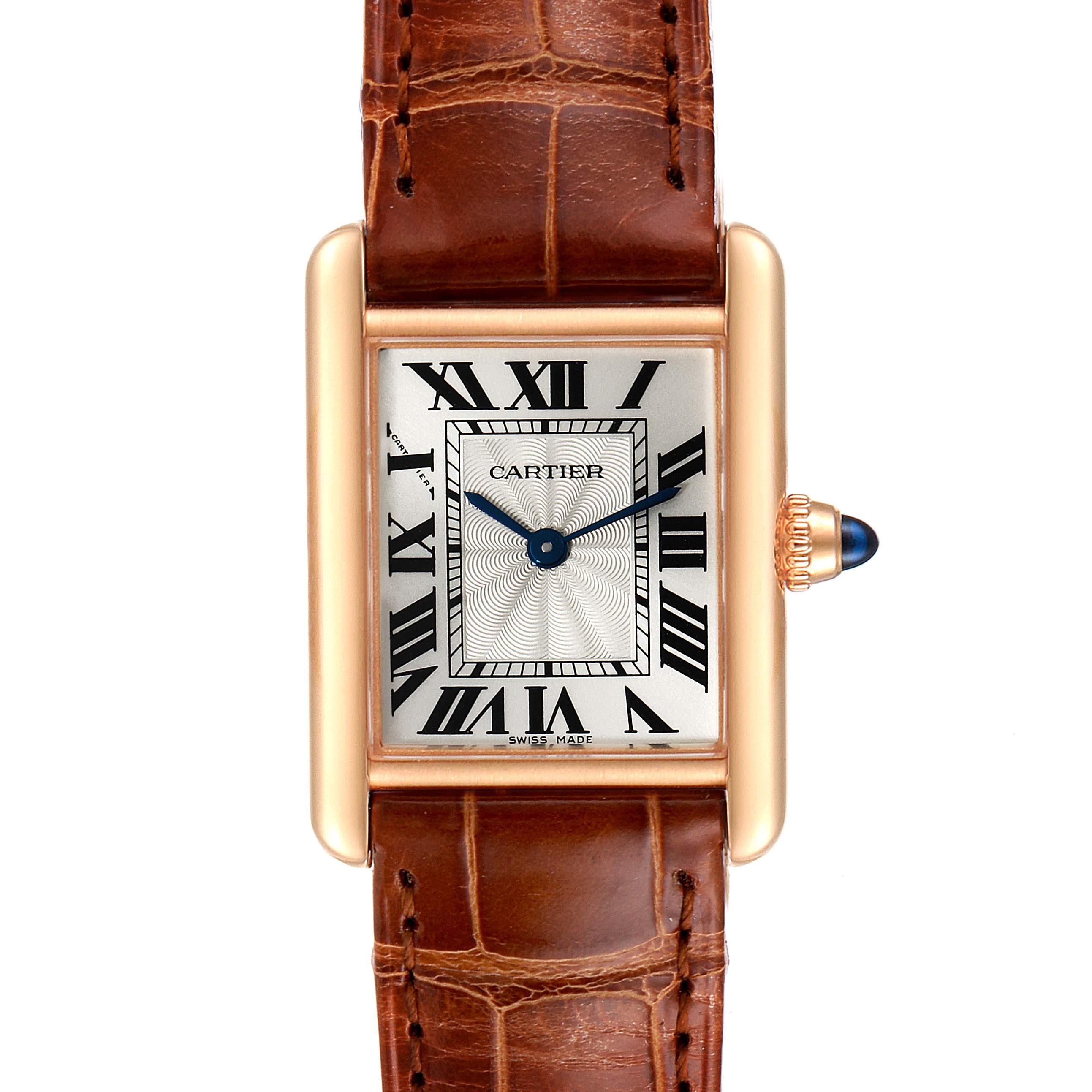 The image shows a close-up, front view of a Tank Louis Cartier watch, displaying the face, strap, and crown.