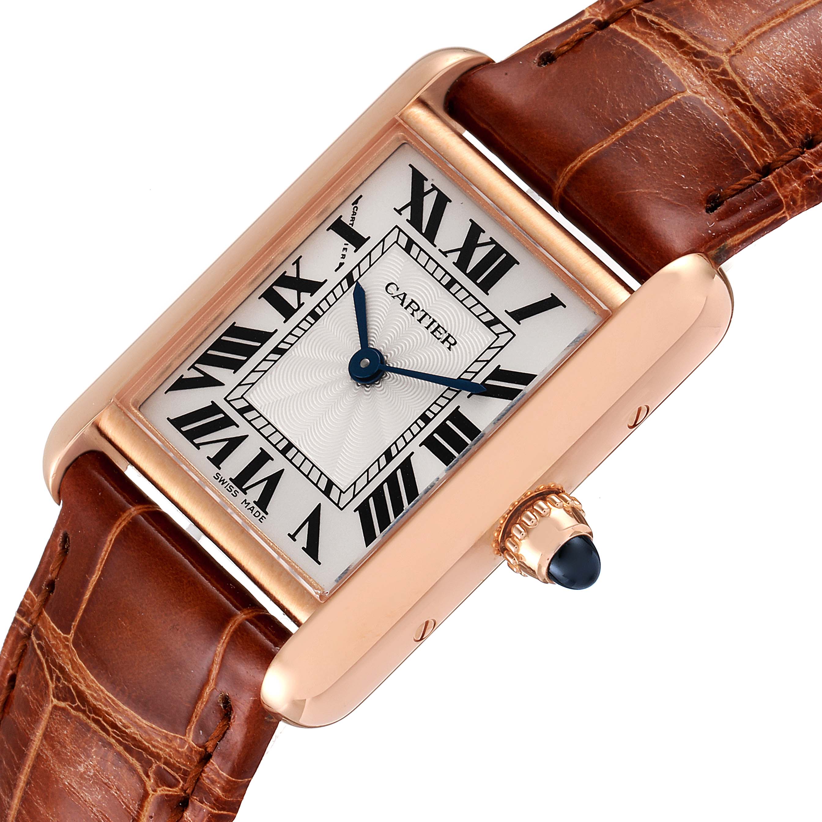 This Cartier Tank Louis WGTA0010 Women's Rose Gold Silver Dial WGTA0010 Women's Rose Gold Silver Dial model watch is shown from a slight side angle, highlighting its rectangular face and brown leather strap.