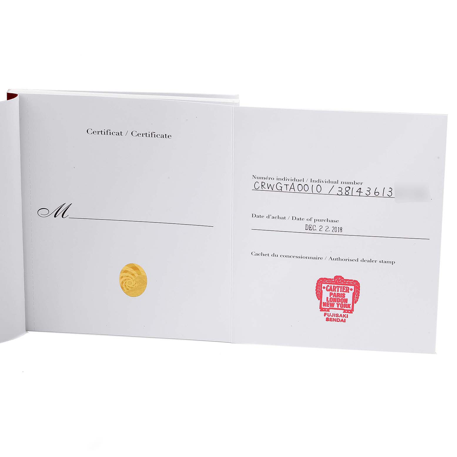 This is an open booklet showing a Certificate of Authenticity for a Tank Louis model by Cartier.