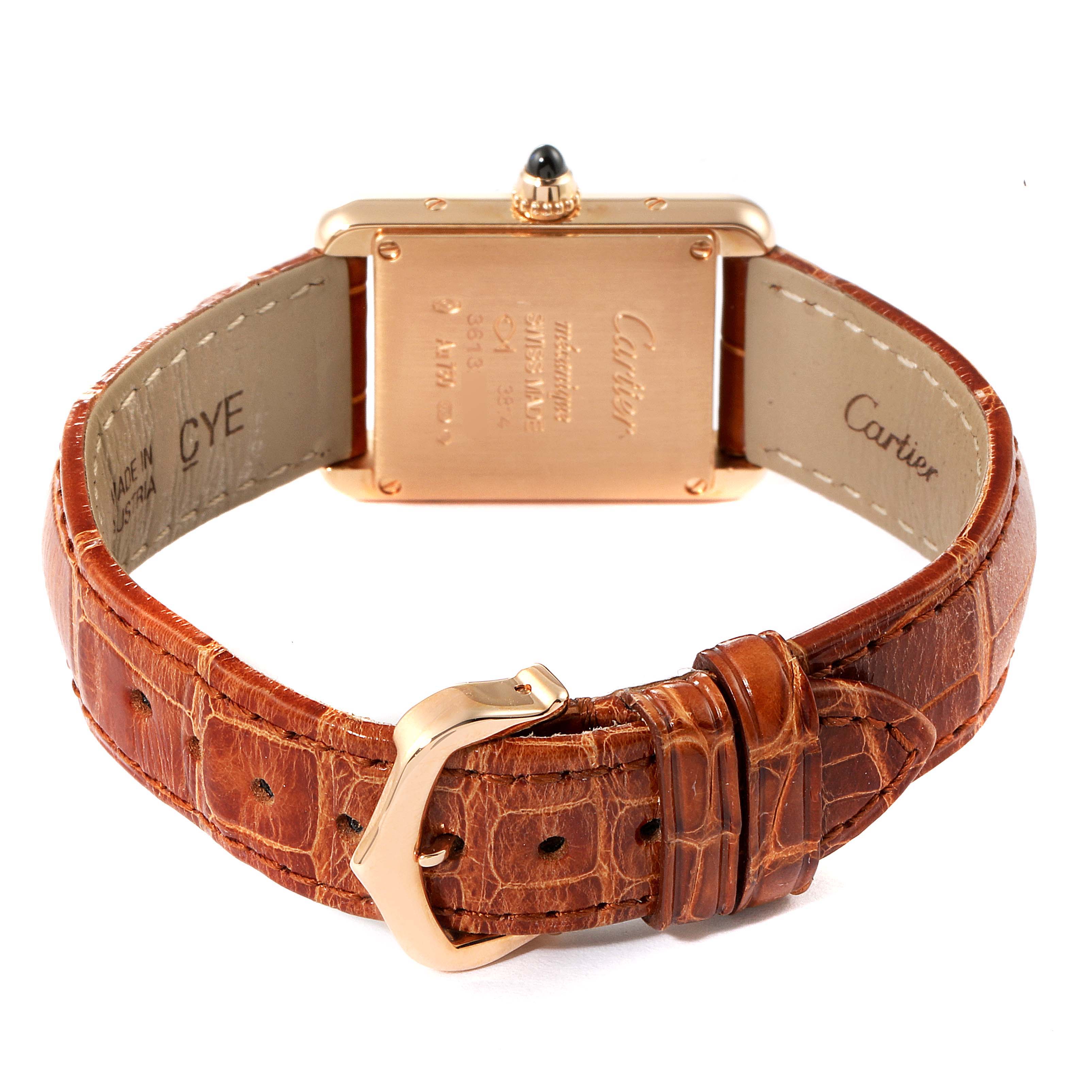 The image shows the back view of a Cartier Tank Louis WGTA0010 Women's Rose Gold Silver Dial WGTA0010 Women's Rose Gold Silver Dial watch, highlighting its case back and brown leather strap.