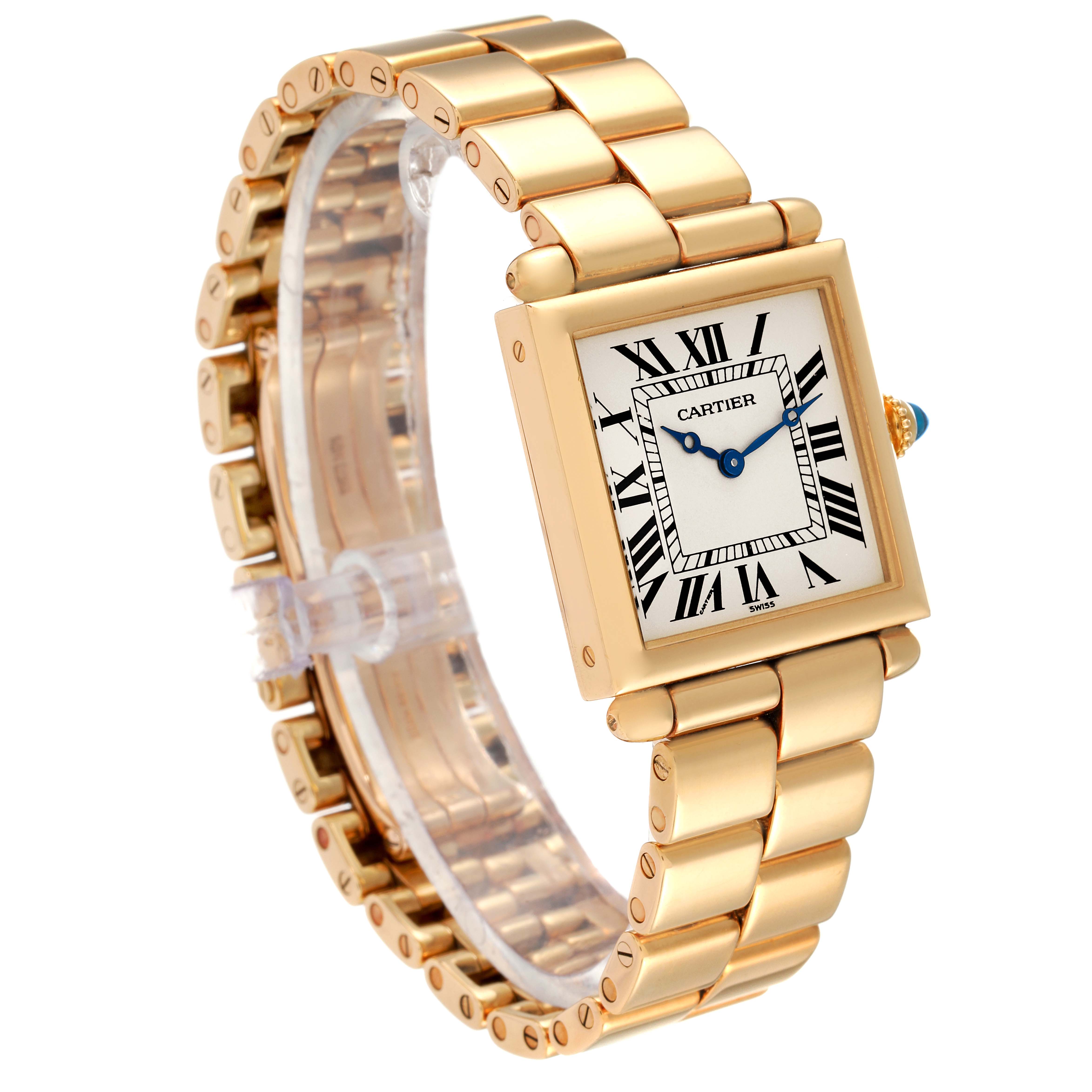 The image shows a Cartier Tank Obus W15122N7 Women's Yellow Gold Silver Dial W15122N7 Women's Yellow Gold Silver Dial watch from a right front angle, highlighting its rectangular face and gold bracelet.