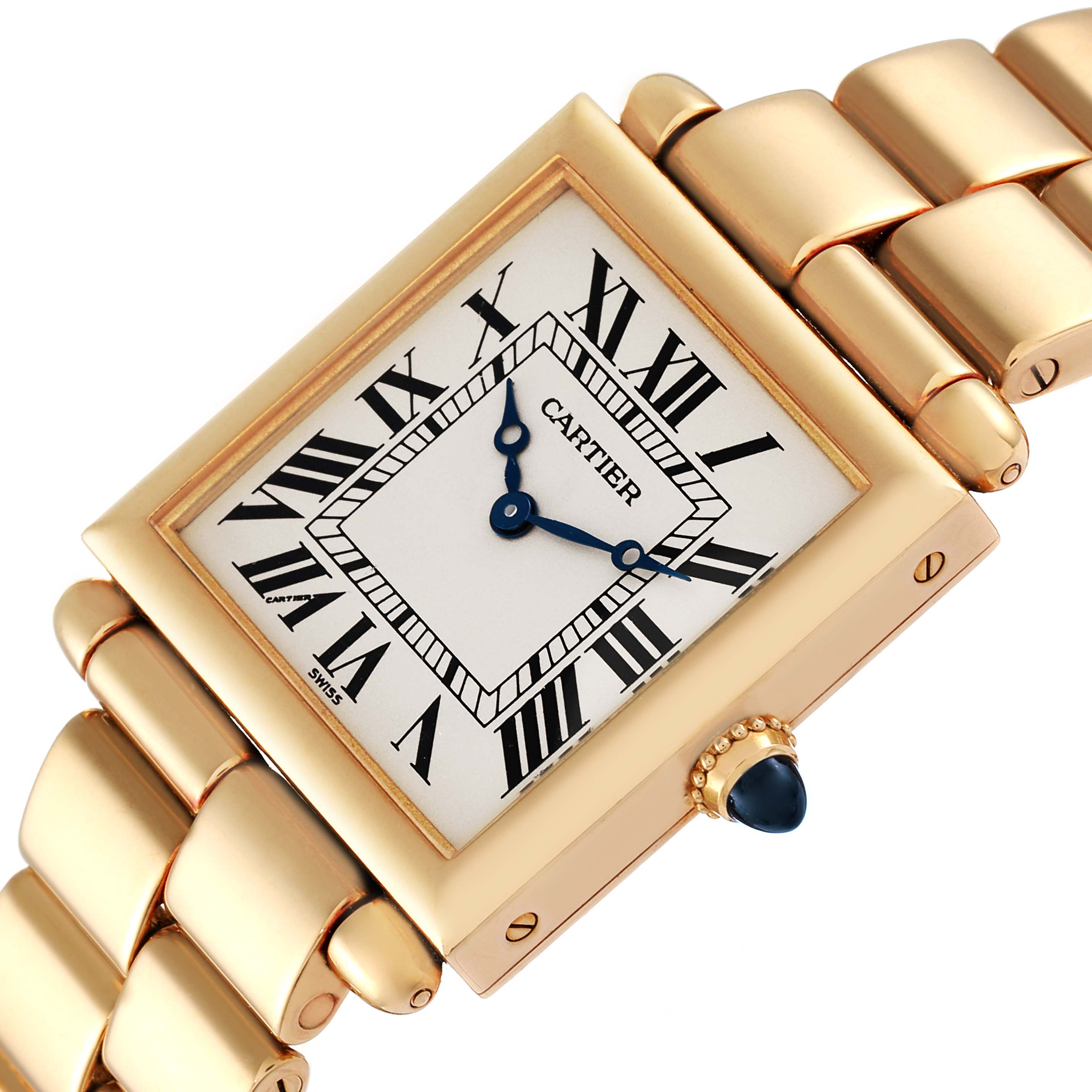 This image shows a close-up, angled view of a Cartier Tank Obus W15122N7 Women's Yellow Gold Silver Dial W15122N7 Women's Yellow Gold Silver Dial watch, highlighting its rectangular face, Roman numerals, and gold bracelet.