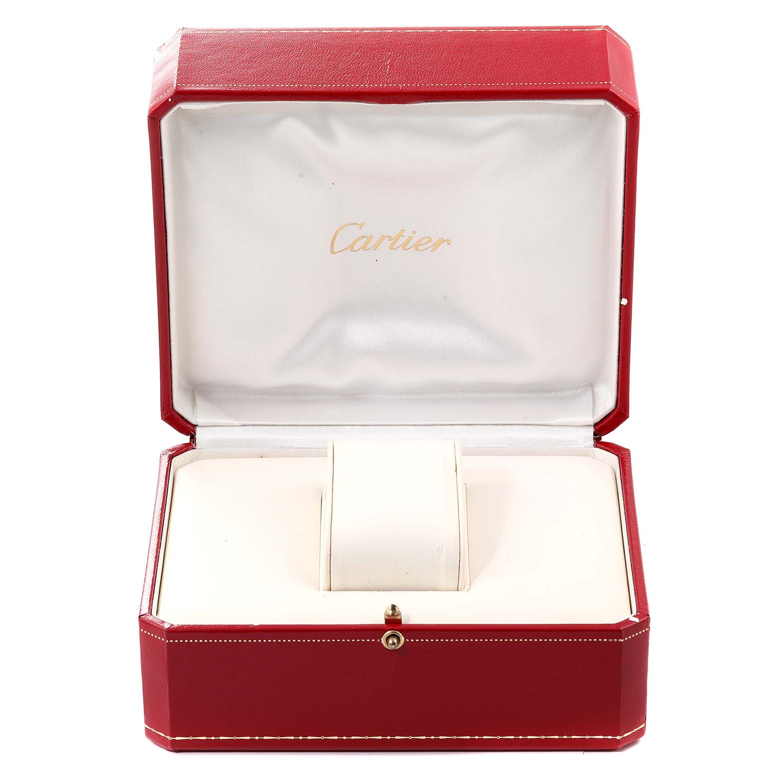 The image shows an open Cartier watch box for the Tank Obus model, featuring a red exterior and white interior.
