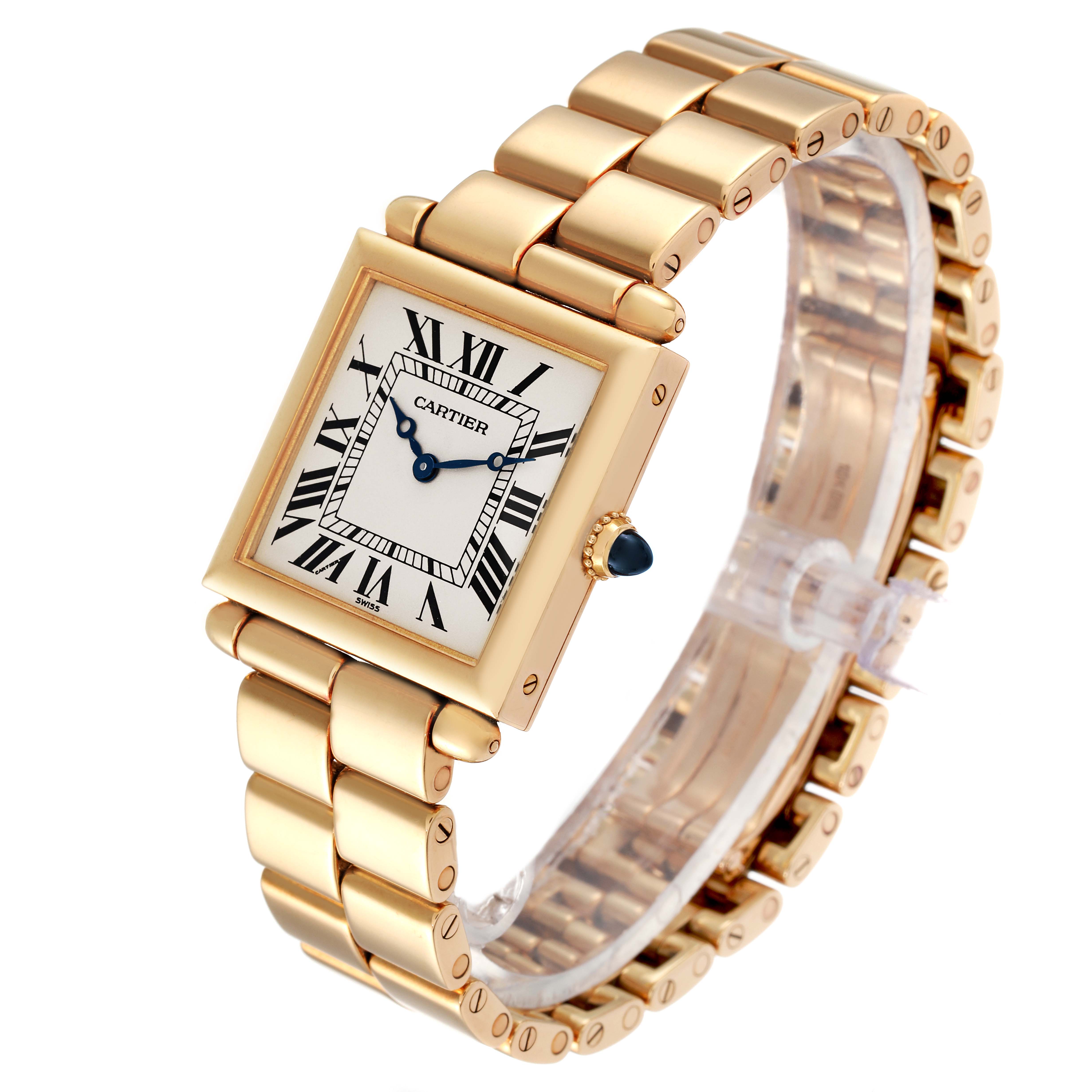 This image shows a Cartier Tank Obus W15122N7 Women's Yellow Gold Silver Dial W15122N7 Women's Yellow Gold Silver Dial watch at a slight front-side angle, featuring its rectangle face and gold metal bracelet.