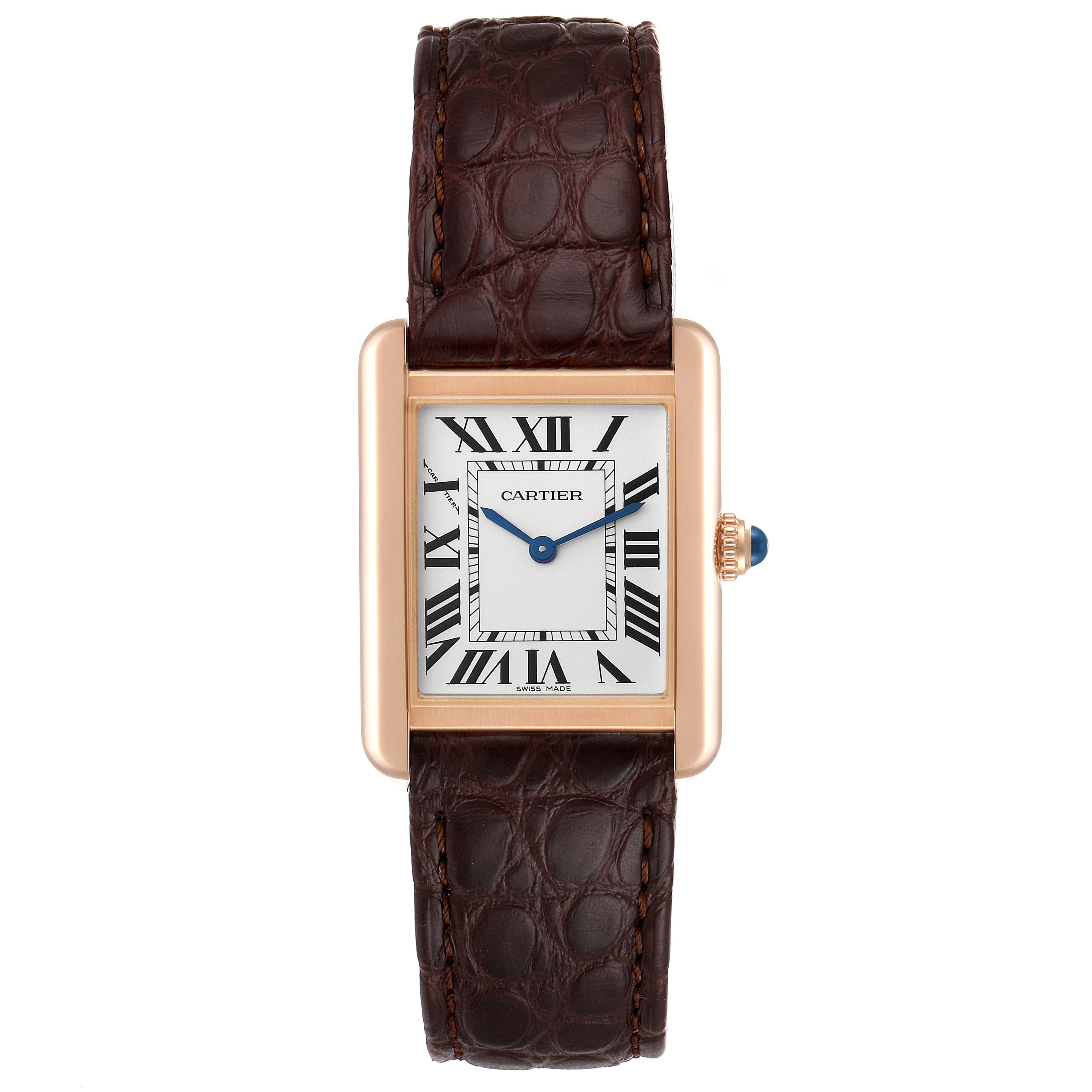 This is a front view of the Cartier Tank Solo W5200024 Women's Rose Gold Silver Dial W5200024 Women's Rose Gold Silver Dial watch, showcasing the dial, leather strap, and crown.
