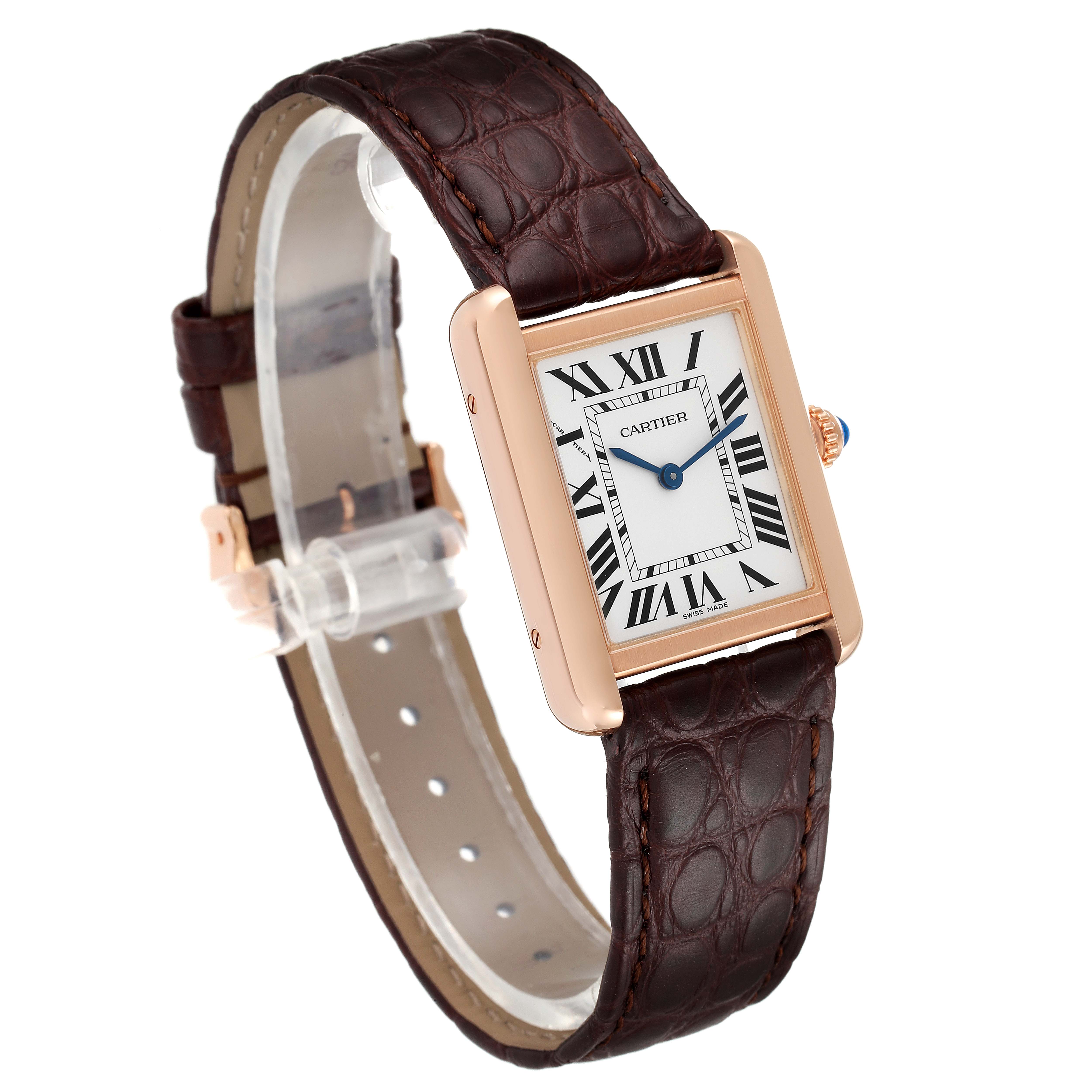 The image shows a side angle of a Cartier Tank Solo W5200024 Women's Rose Gold Silver Dial W5200024 Women's Rose Gold Silver Dial watch, highlighting its leather strap and rectangular face.