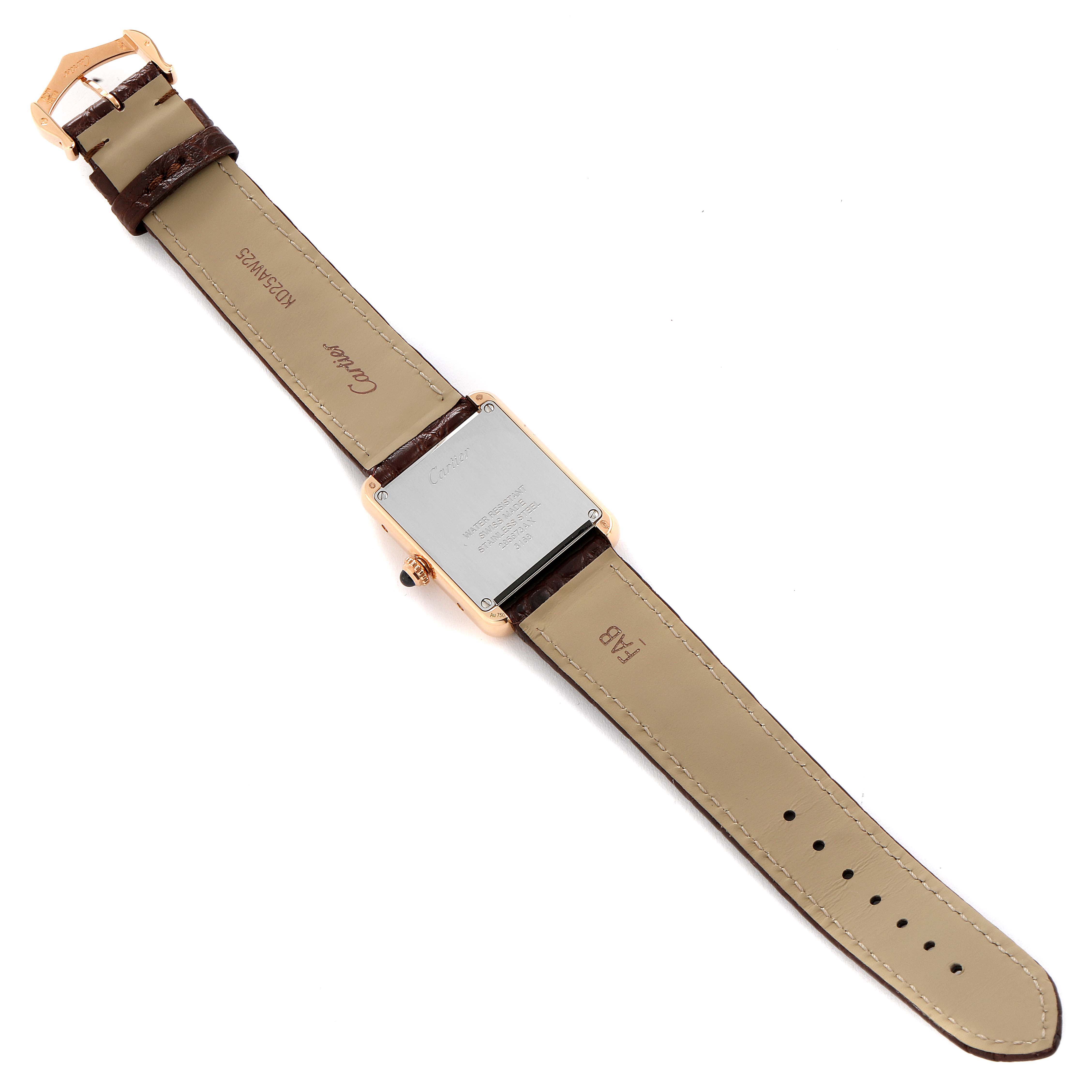 The image shows the back view of a Cartier Tank Solo W5200024 Women's Rose Gold Silver Dial W5200024 Women's Rose Gold Silver Dial watch, including its strap and clasp.