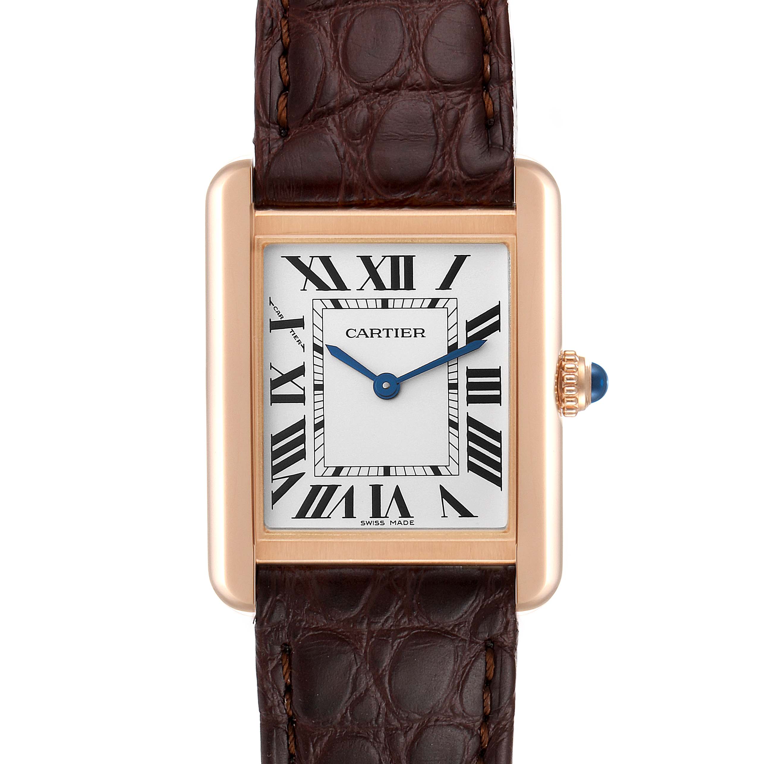 This image shows a frontal view of the Cartier Tank Solo W5200024 Women's Rose Gold Silver Dial W5200024 Women's Rose Gold Silver Dial watch, highlighting its rectangular face, Roman numerals, and leather strap.