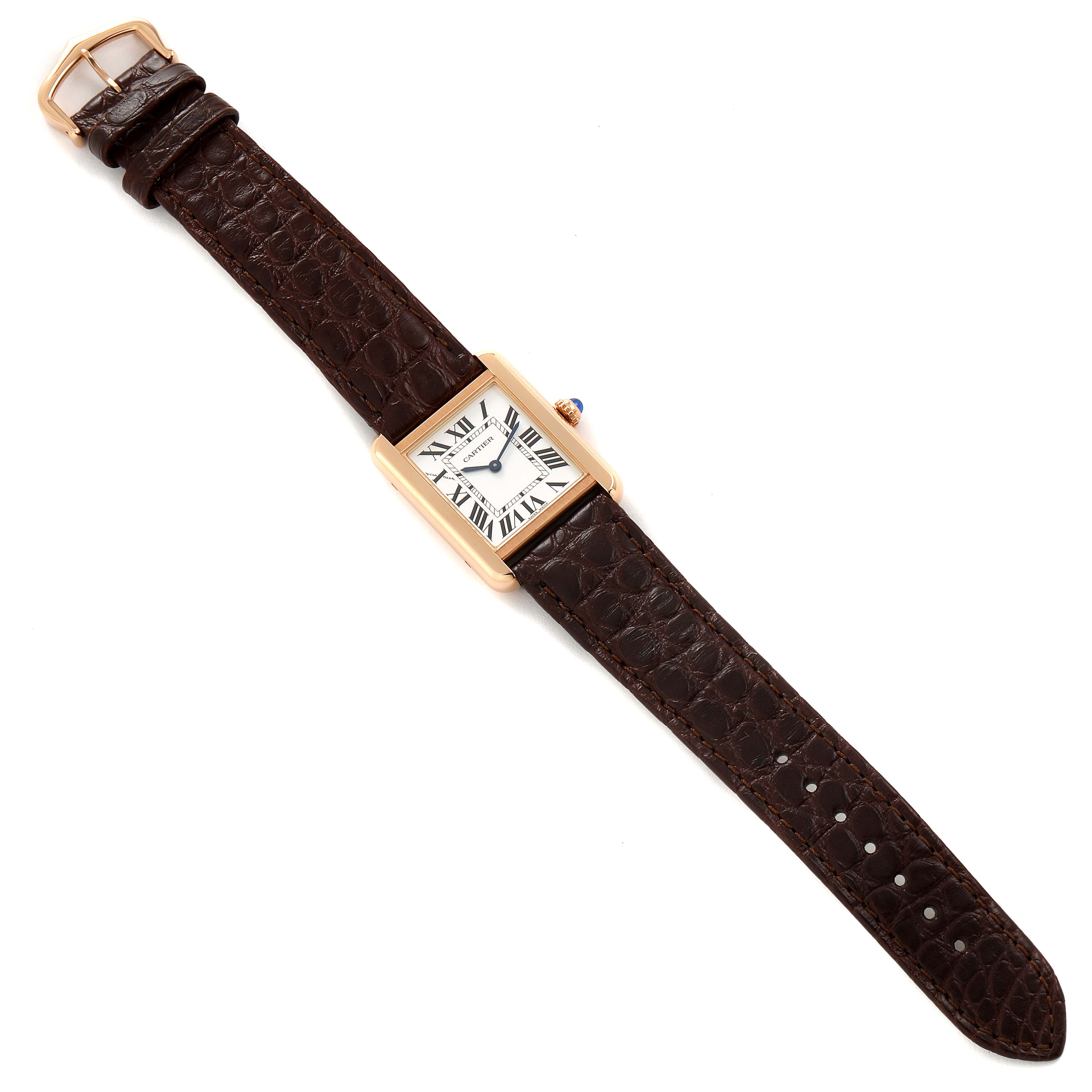 The Cartier Tank Solo W5200024 Women's Rose Gold Silver Dial W5200024 Women's Rose Gold Silver Dial watch is displayed from a top-down view, showing its face, case, and full brown leather strap.