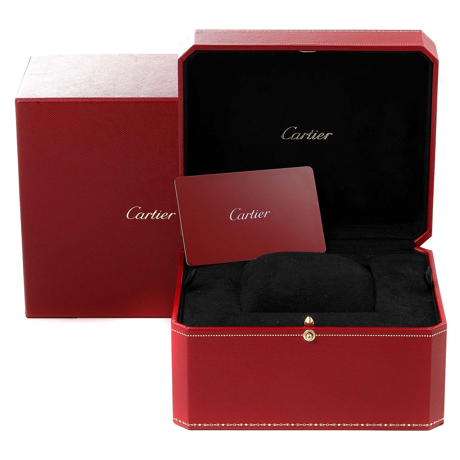 The image shows the red box and a card for the Cartier Tank Solo W5200024 Women's Rose Gold Silver Dial W5200024 Women's Rose Gold Silver Dial watch, with the box lid open, exposing a black interior.
