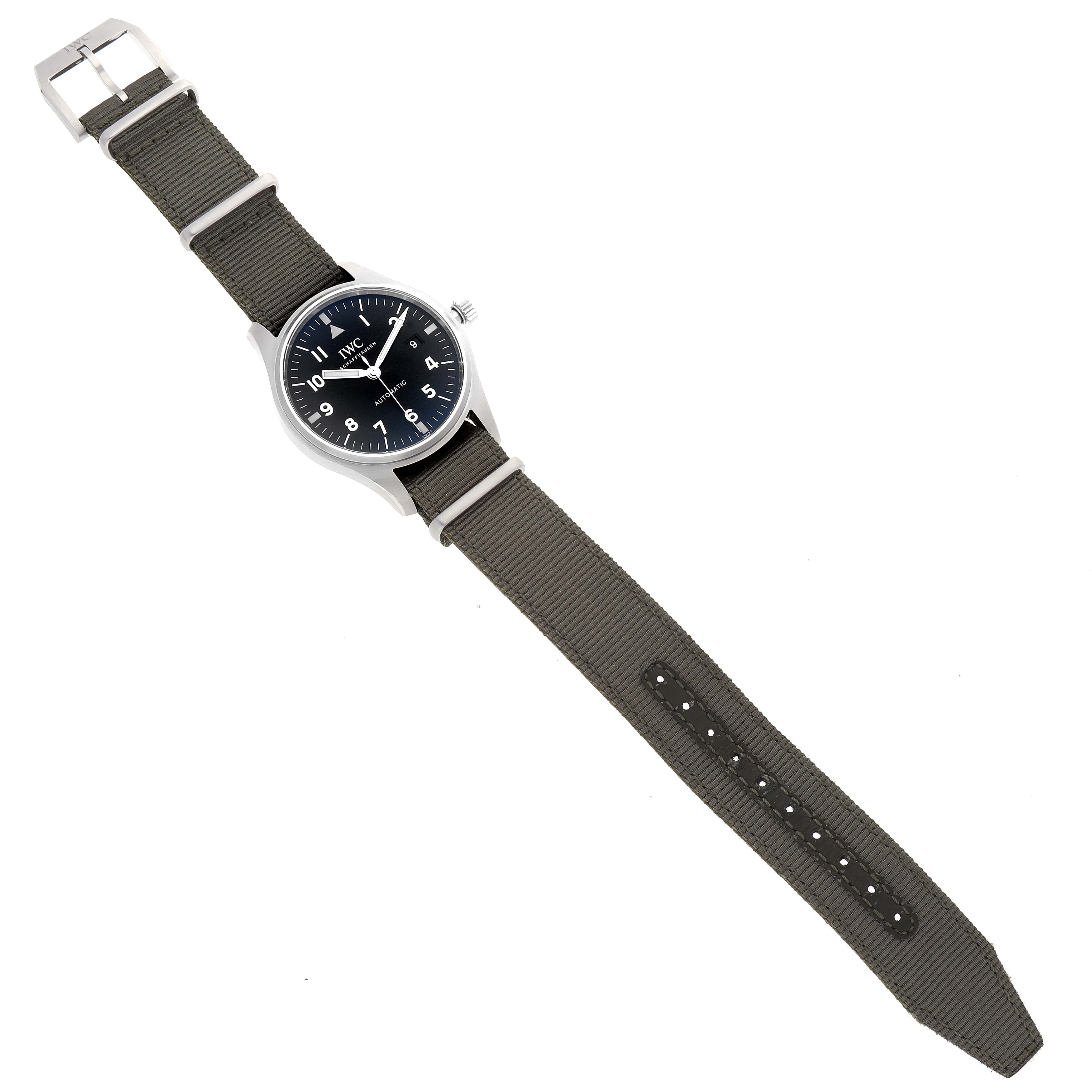 This IWC Pilot IW327007 Men's Stainless Steel Black Dial IW327007 Men's Stainless Steel Black Dial model watch is shown from a top-down angle, displaying the entire face and strap.