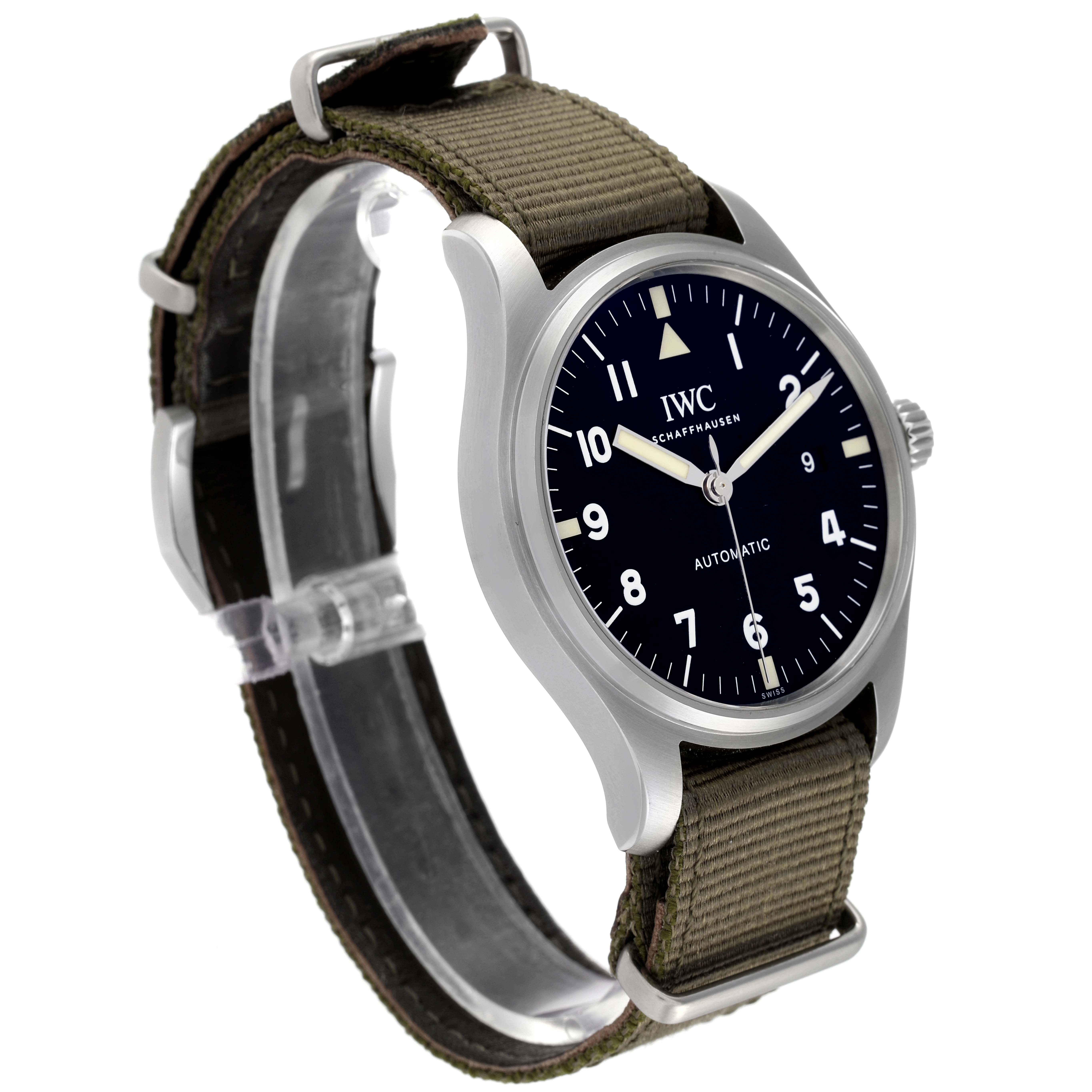 The IWC Pilot IW327007 Men's Stainless Steel Black Dial IW327007 Men's Stainless Steel Black Dial watch is shown at an angle displaying the face, bezel, crown, and green fabric strap.