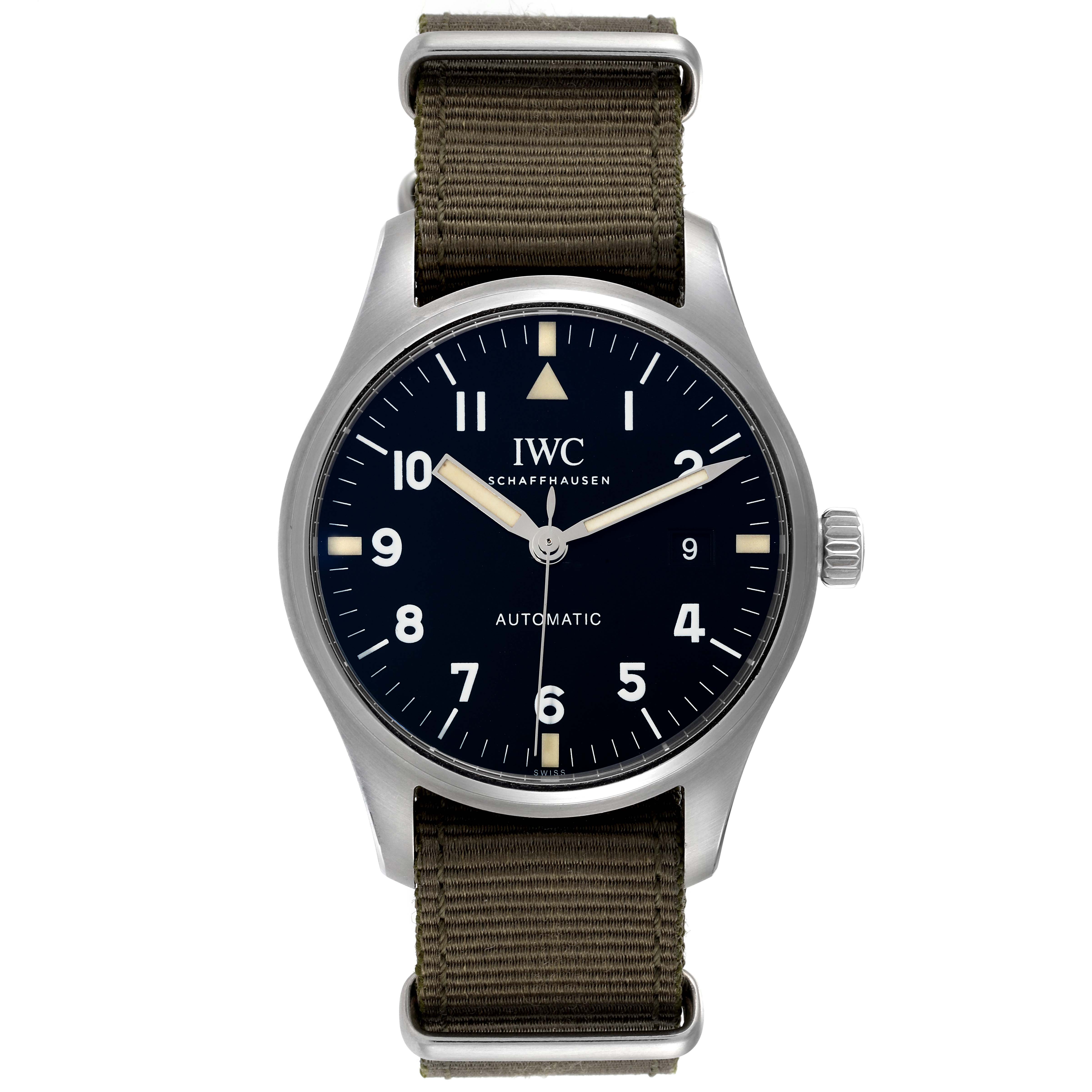 The image shows a frontal view of an IWC Pilot IW327007 Men's Stainless Steel Black Dial IW327007 Men's Stainless Steel Black Dial model watch, displaying the dial, hands, crown, and strap.