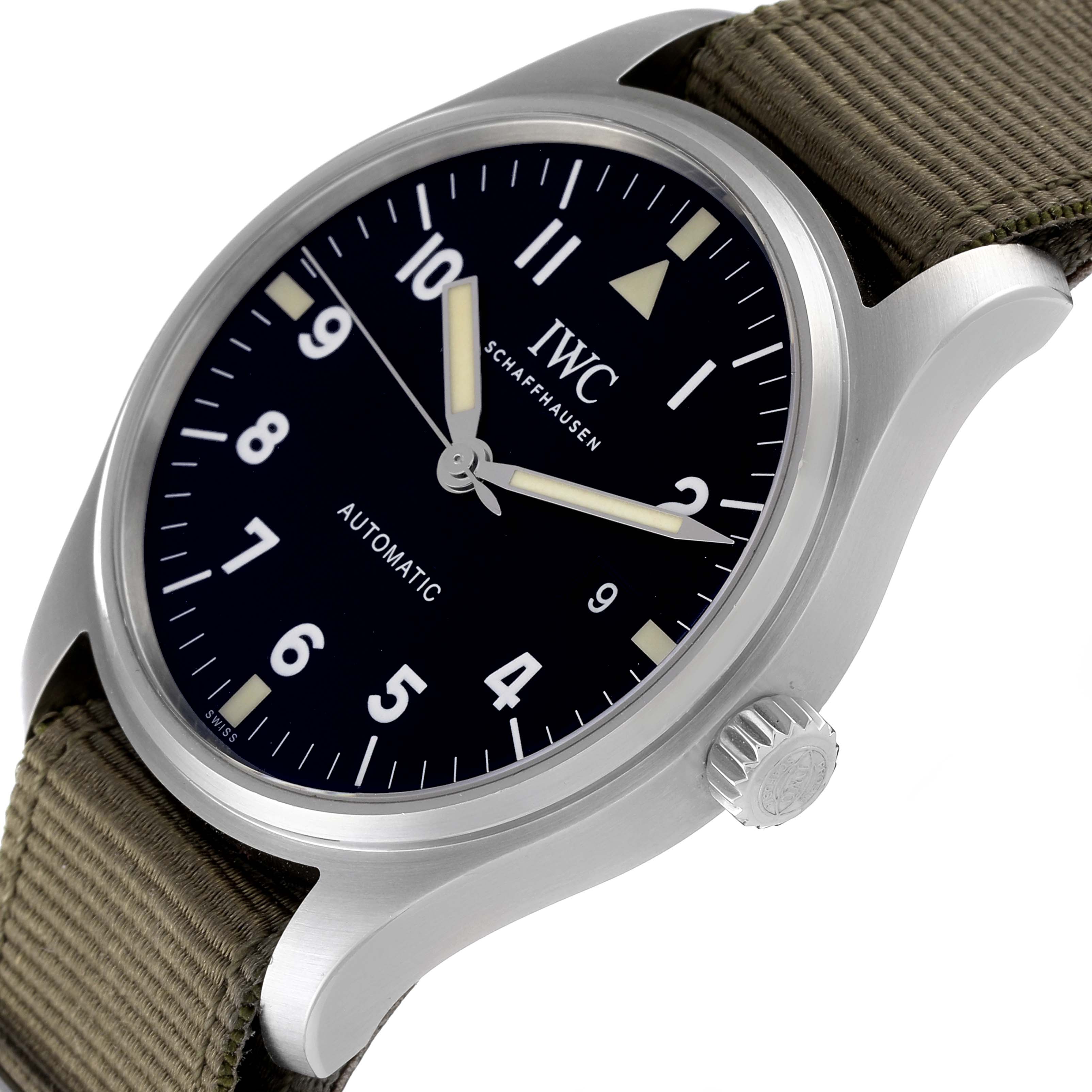 The IWC Pilot IW327007 Men's Stainless Steel Black Dial IW327007 Men's Stainless Steel Black Dial model watch is shown from an angled side view, displaying the face, case, crown, and strap.